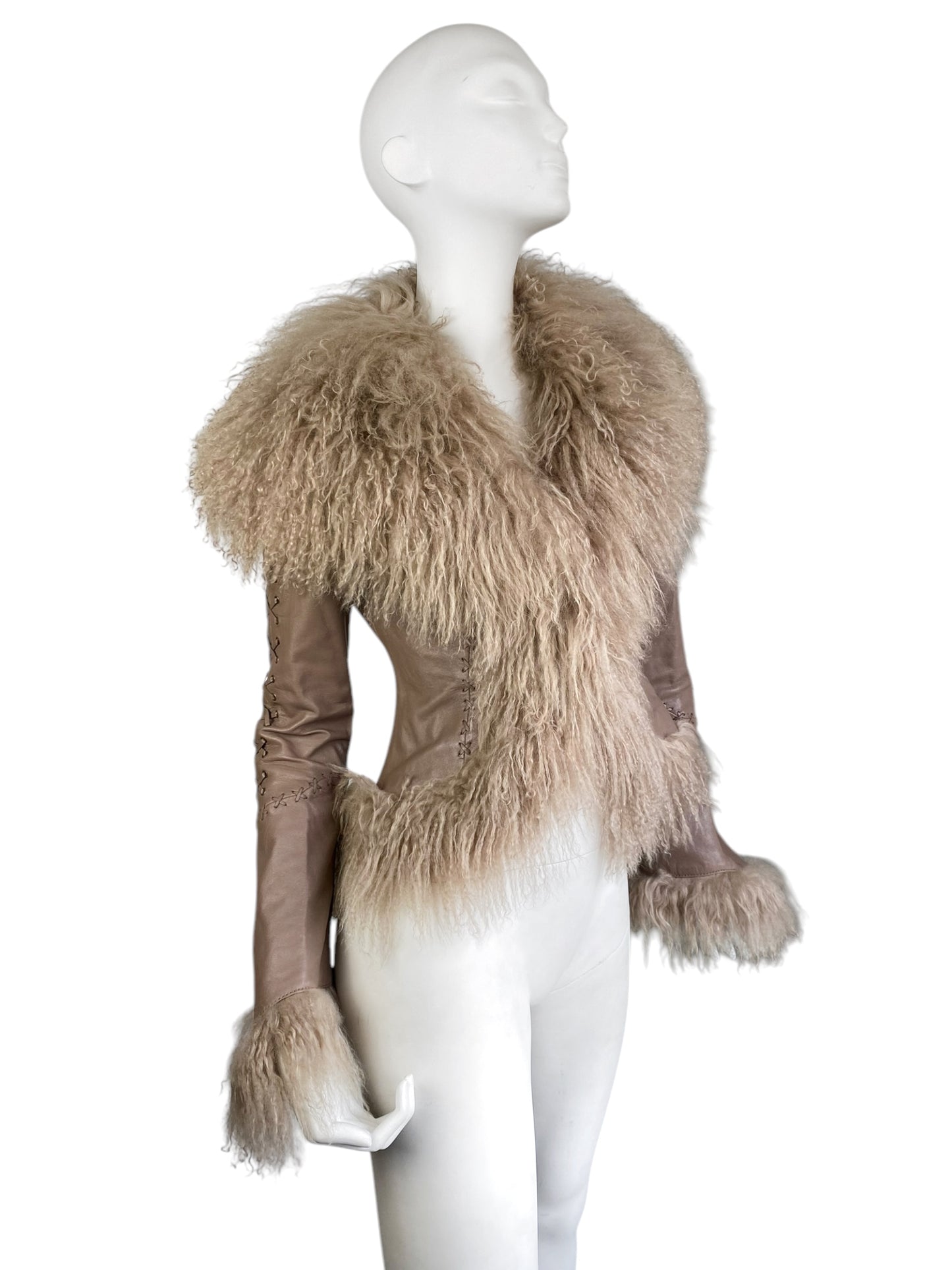 JUST CAVALLI 2000s BEIGE LEATHER LACED MONGOLIAN LAMB FUR TRIM JACKET