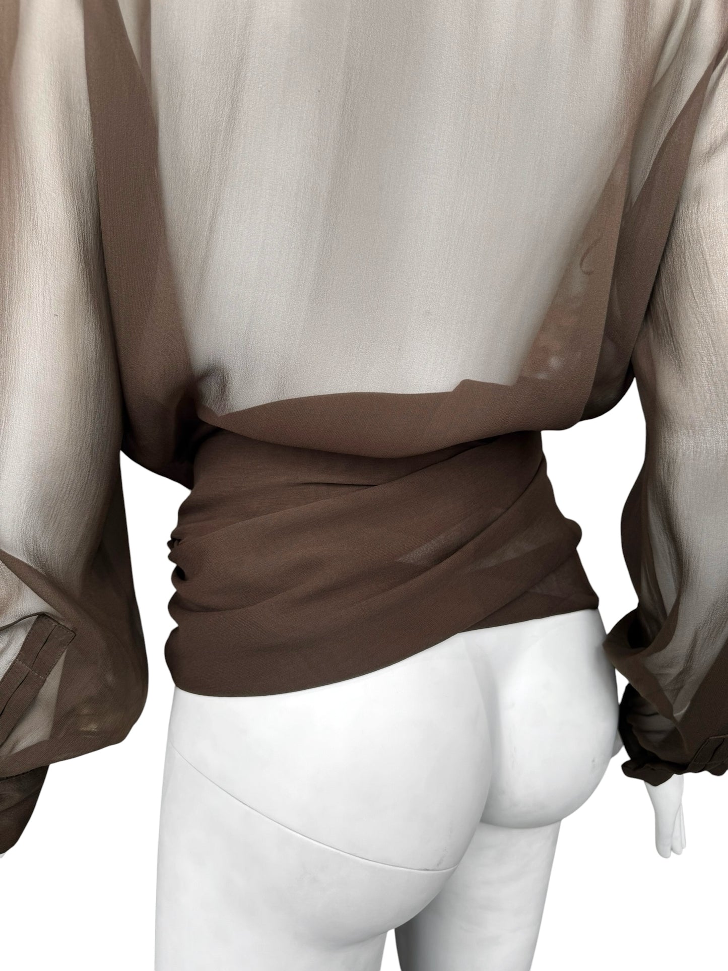 SAINT LAURENT PRE-FALL 2023 BY ANTHONY VACCARELLO BROWN SILK HOODED WRAP BLOUSE