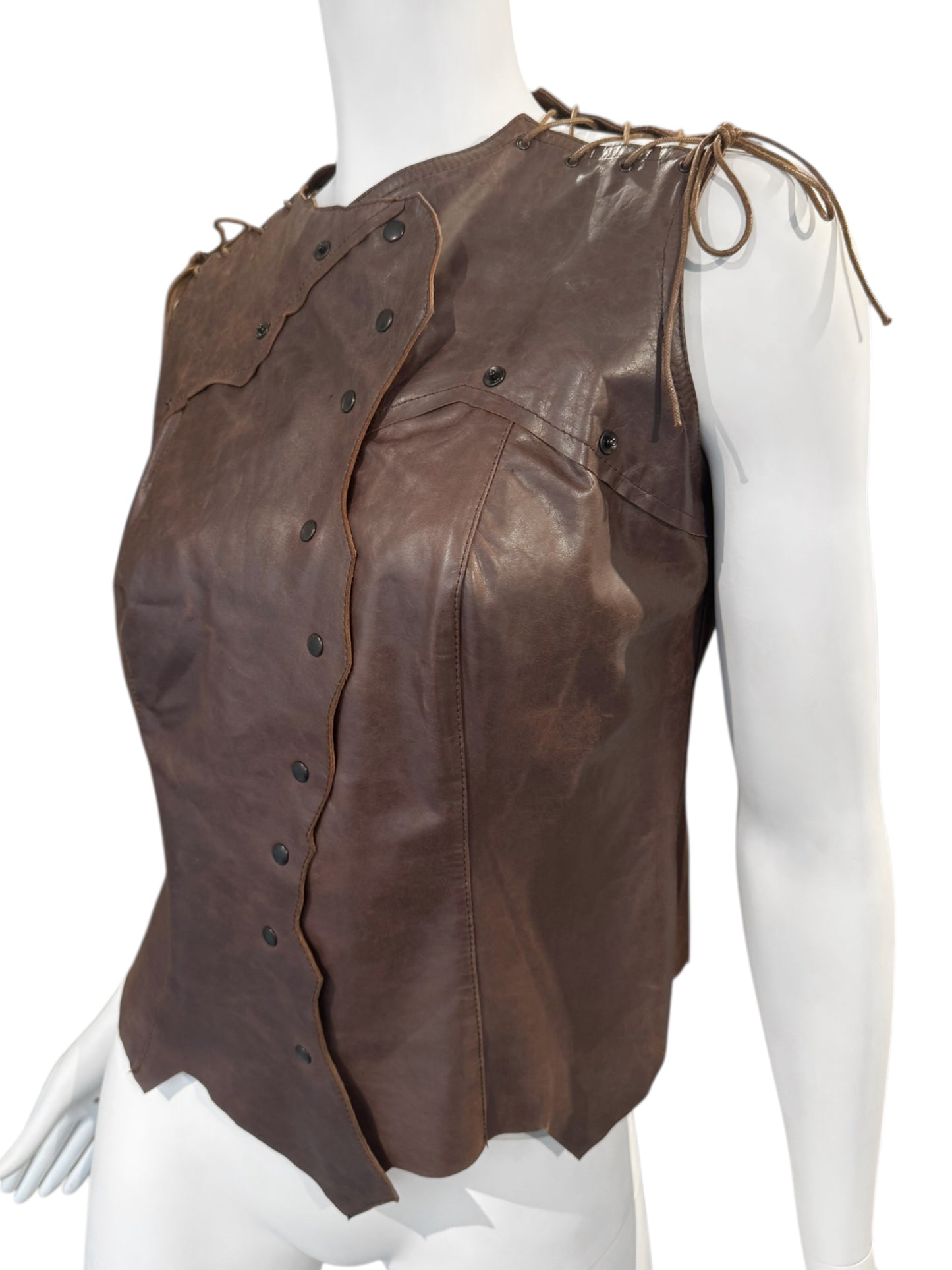 PLEIN SUD JEANS 2000s BROWN LEATHER PATCHWORK VEST