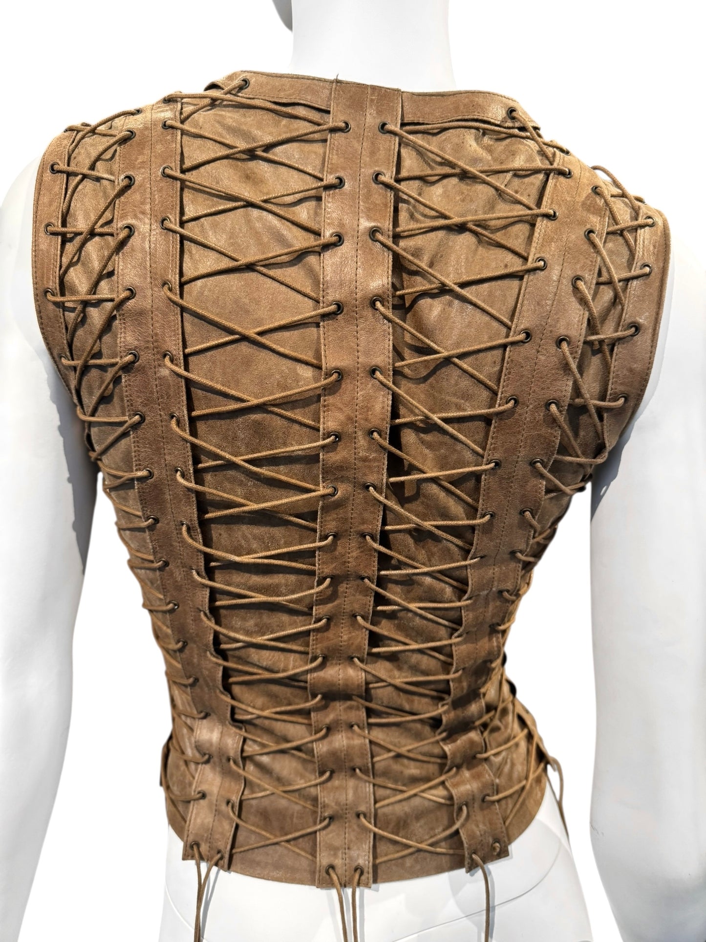 PLEIN SUD FW2002 BROWN LEATHER LACE-UP CAGE VEST