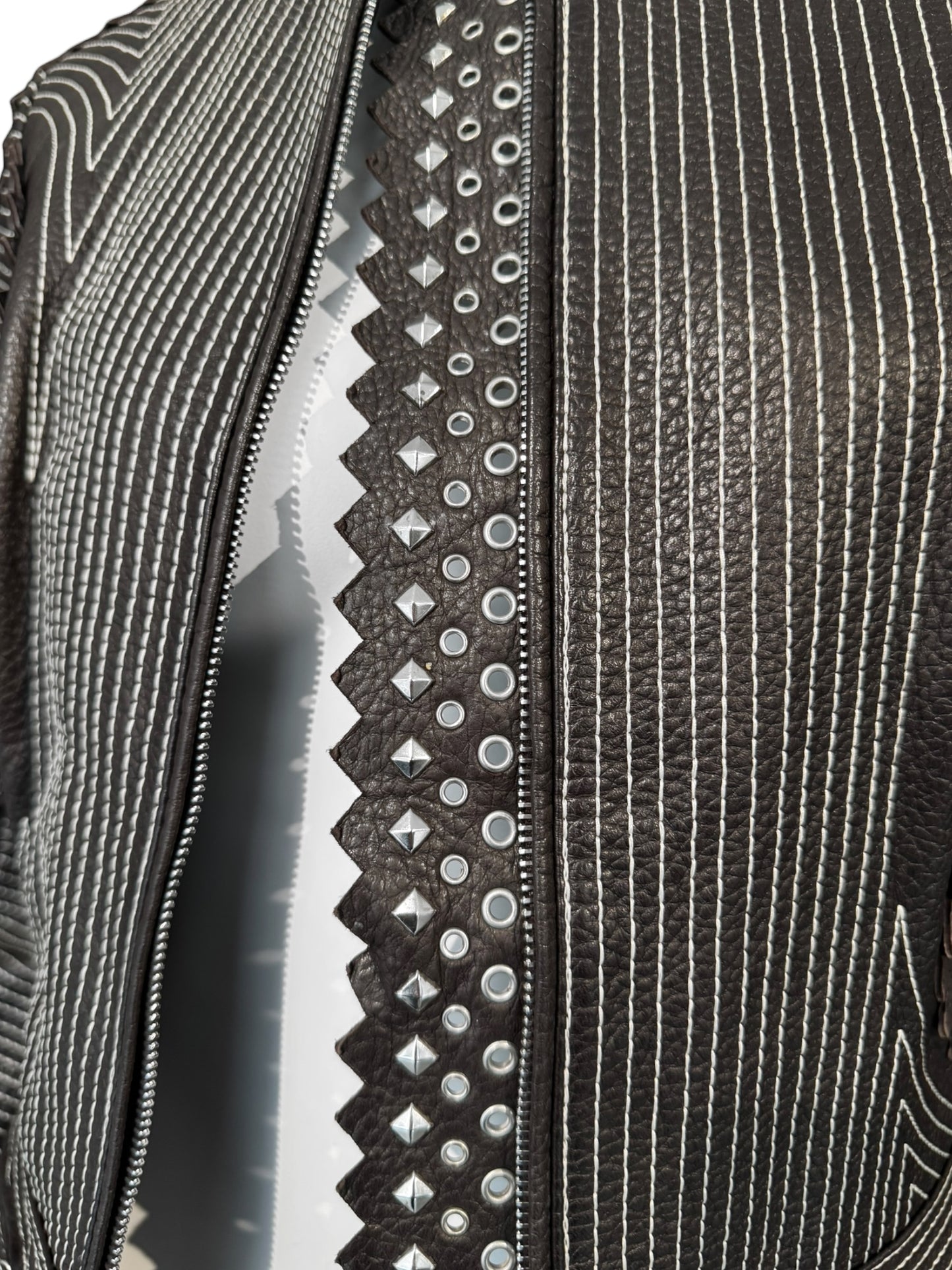 GIANFRANCO FERRE SS2004 DARK BROWN LEATHER GROMMET & STUD EMBELLISHED JACKET