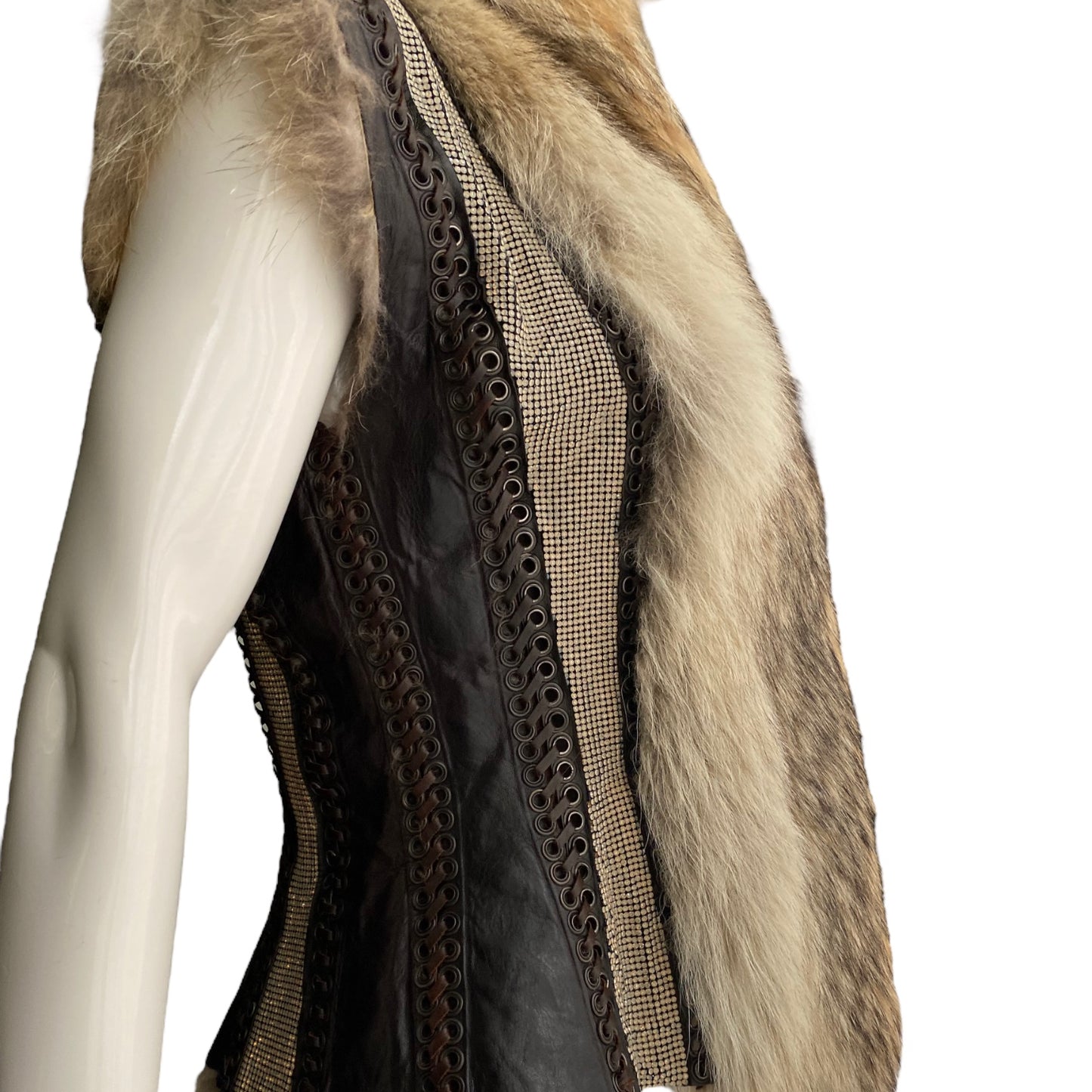 JEAN-PAUL GAULTIER FW2008 FOX FUR, LEATHER AND RHINESTONES SLEEVELESS JACKET