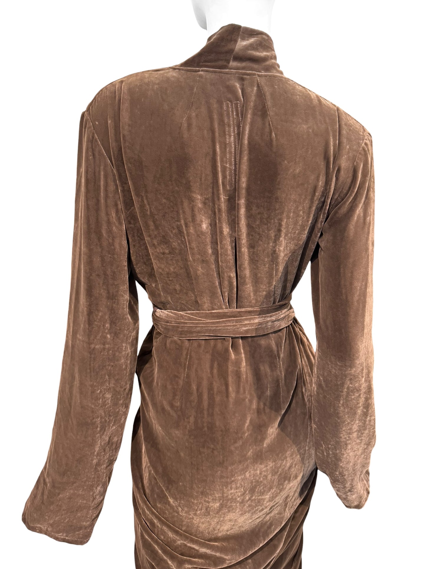RICK OWENS FW2023 «LUXOR»BROWN VELVET DRAPED WRAP MIDI DRESS
