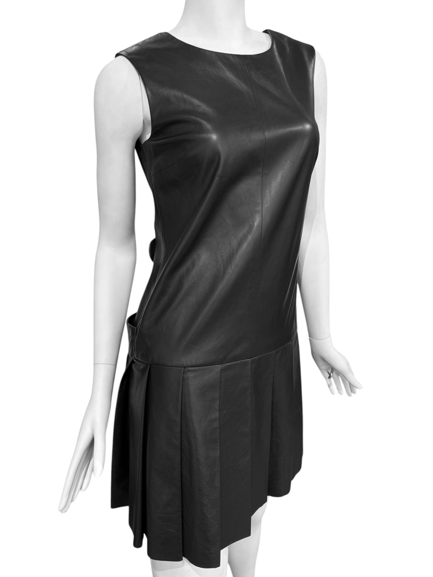 SIMONETTA RAVIZZA 2000s BLACK LEATHER OPEN BACK PLEATED MINI DRESS