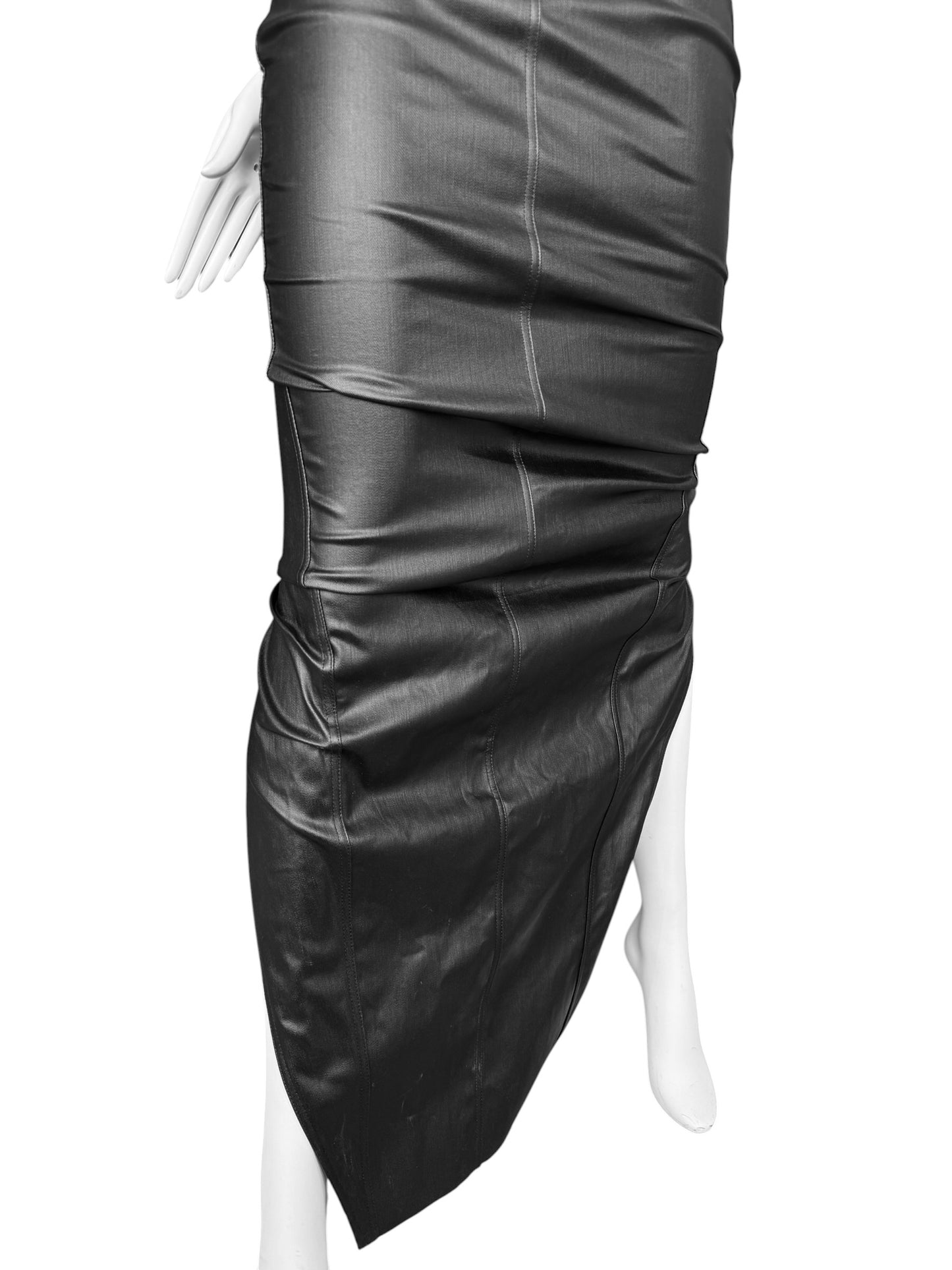RICK OWENS SS2024 «LIDO» BLACK COATED DENIM BUSTIER MAXI DRESS