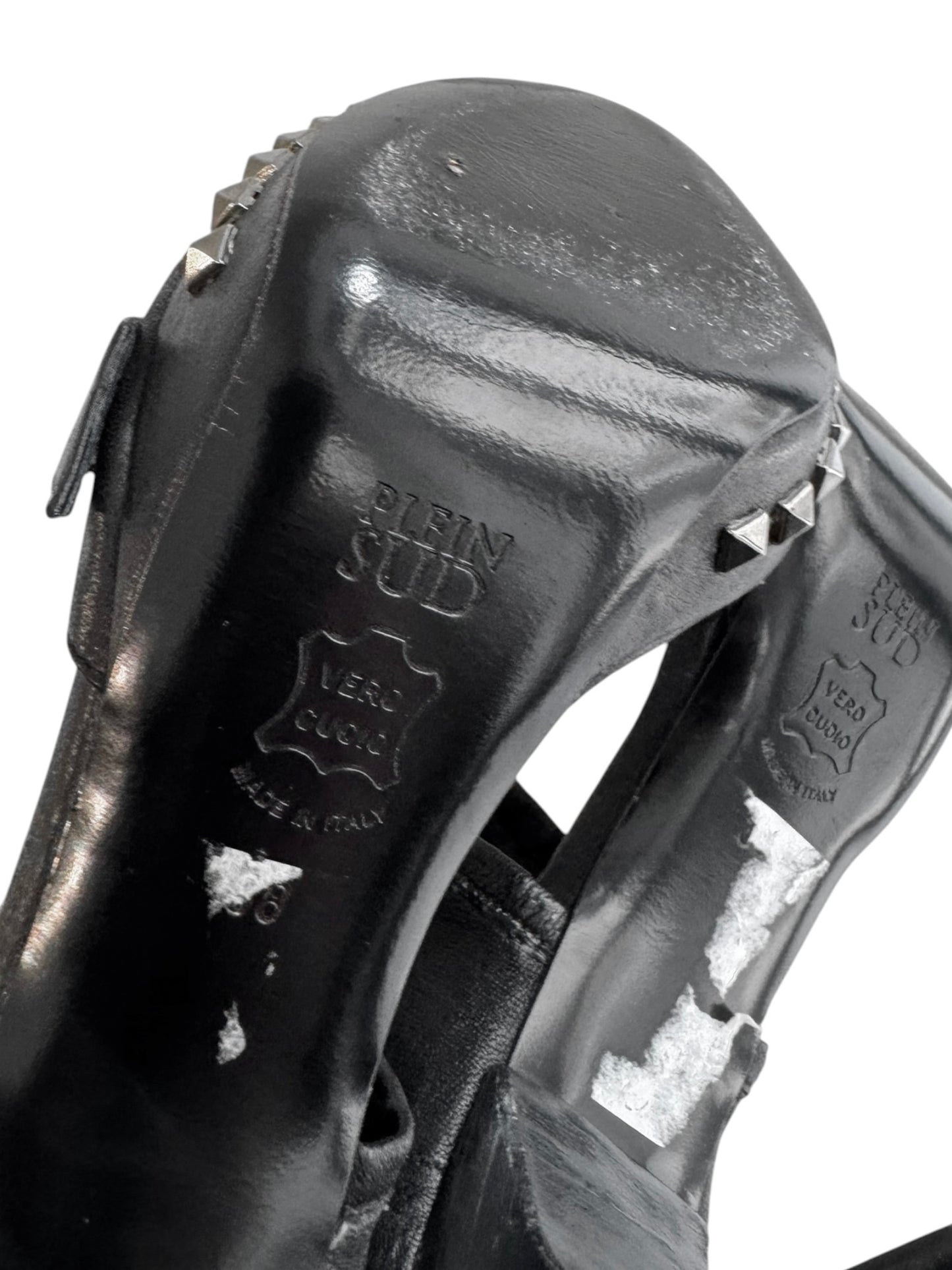 PLEIN SUD 2000s BLACK LEATHER STUDDED OPEN TOE THIGHBOOTS
