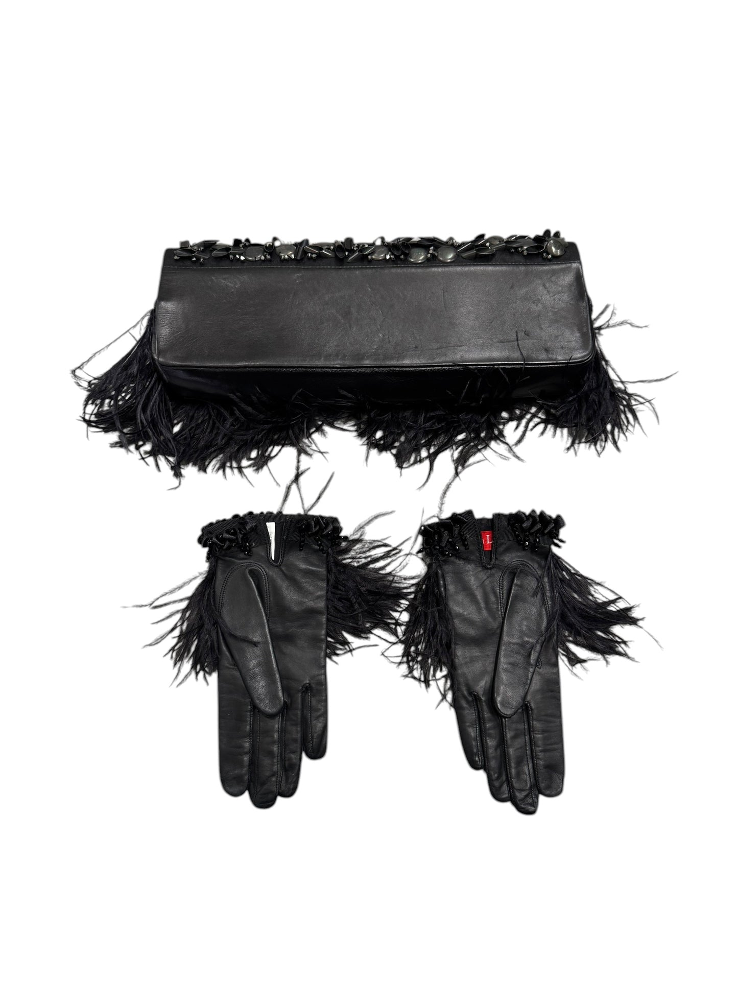 CHRISTIAN LACROIX 2000s BLACK LEATHER & OSTRICH FEATHERS EMBELLISHED CLUTCH & GLOVES