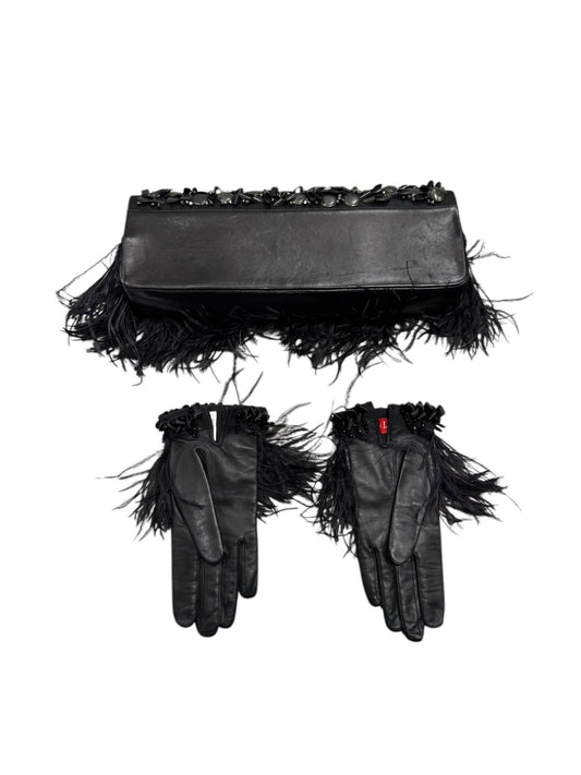 CHRISTIAN LACROIX 2000s BLACK LEATHER & OSTRICH FEATHERS EMBELLISHED CLUTCH & GLOVES