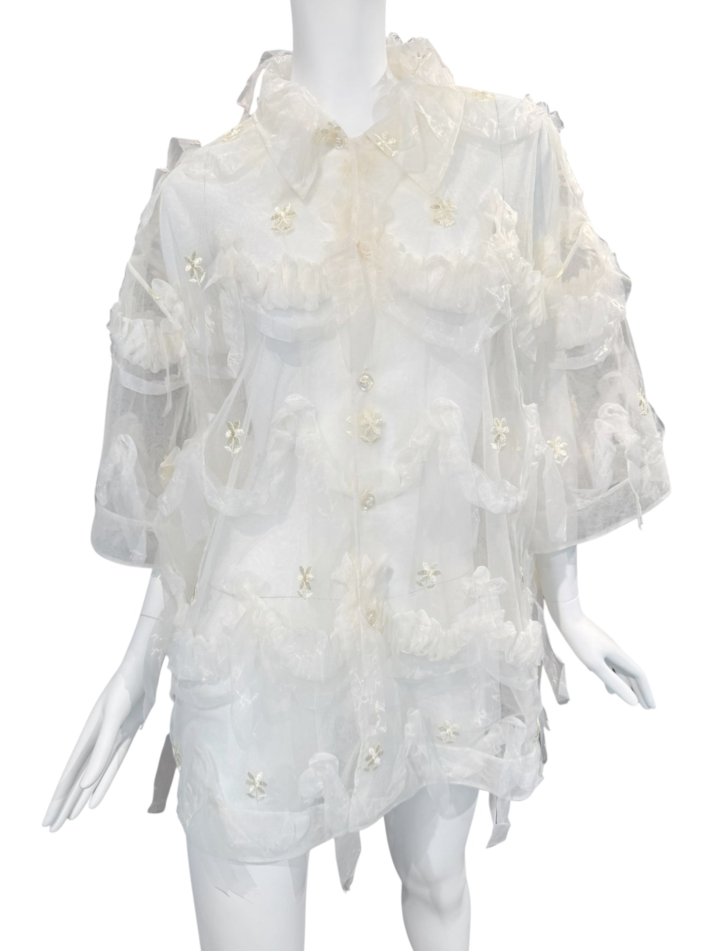 SIMONE ROCHA SS2024 OFF-WHITE TULLE EMBELLISHED OVERSIZE SHIRT