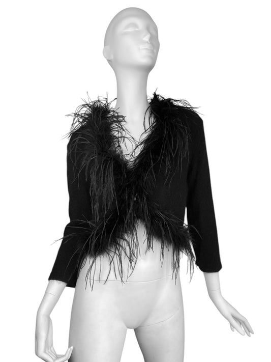 2000s BLACK ANGORA OSTRICH FEATHERS CARDIGAN