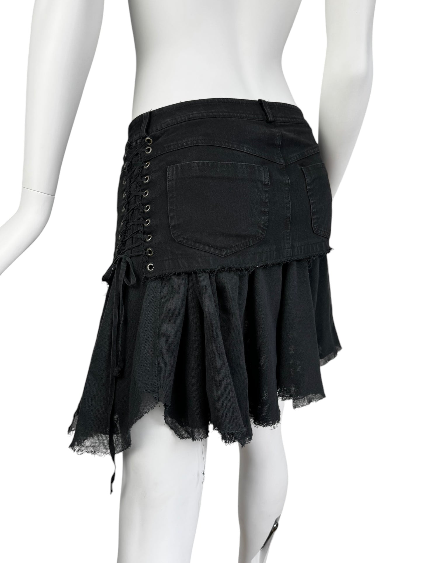 PLEIN SUD 2000s BLACK DENIM & TULLE LACED MINI SKIRT