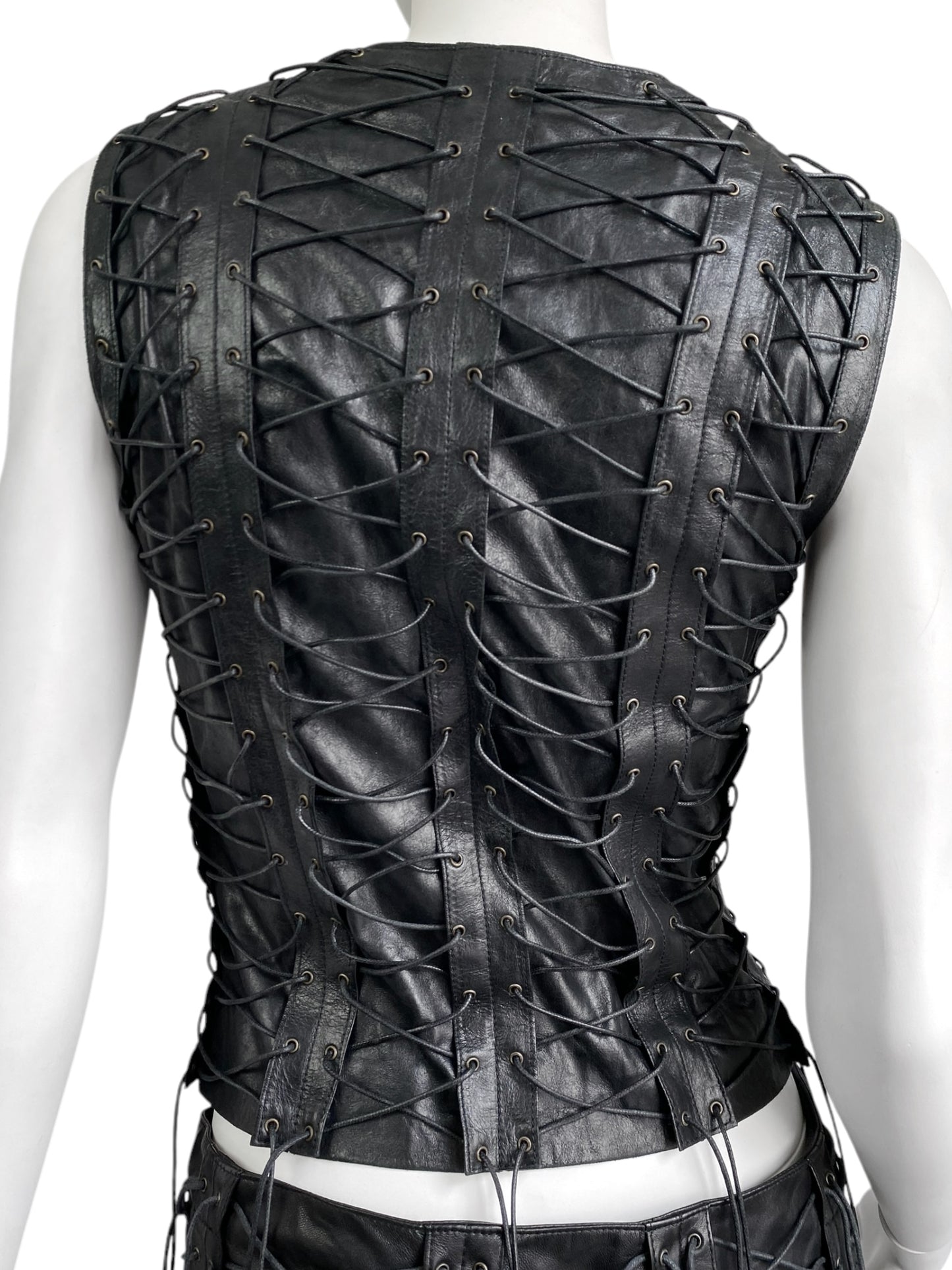 PLEIN SUD FW2002 BLACK LEATHER LACED-UP SLEEVELESS JACKET