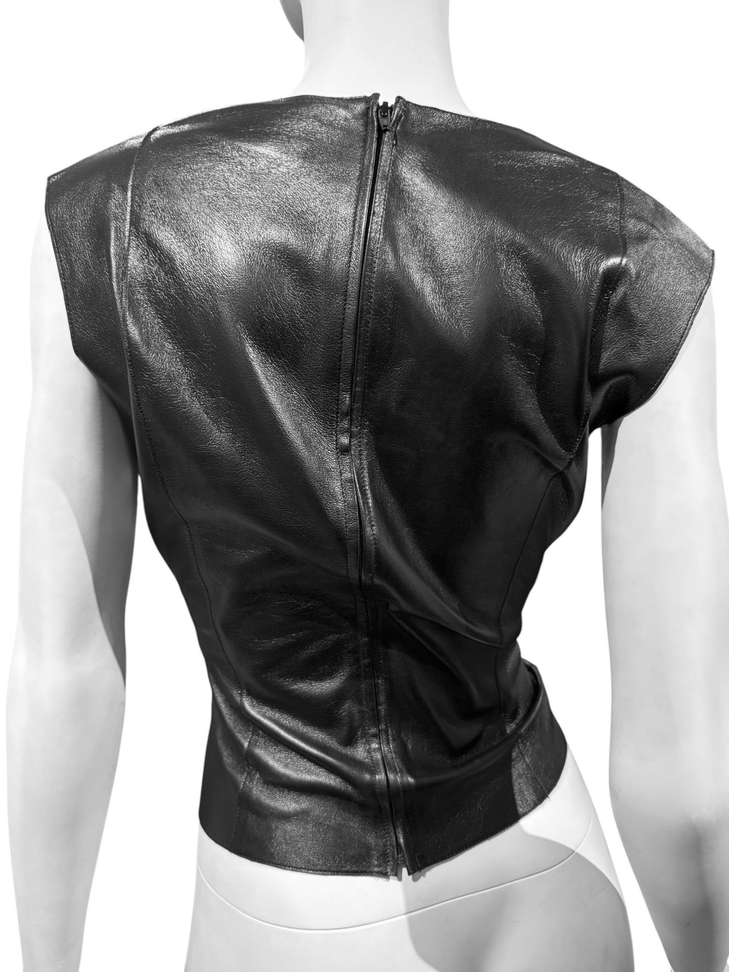 JITROIS 2000s BLACK LEATHER & SILK TULLE LACE-UP TANK TOP