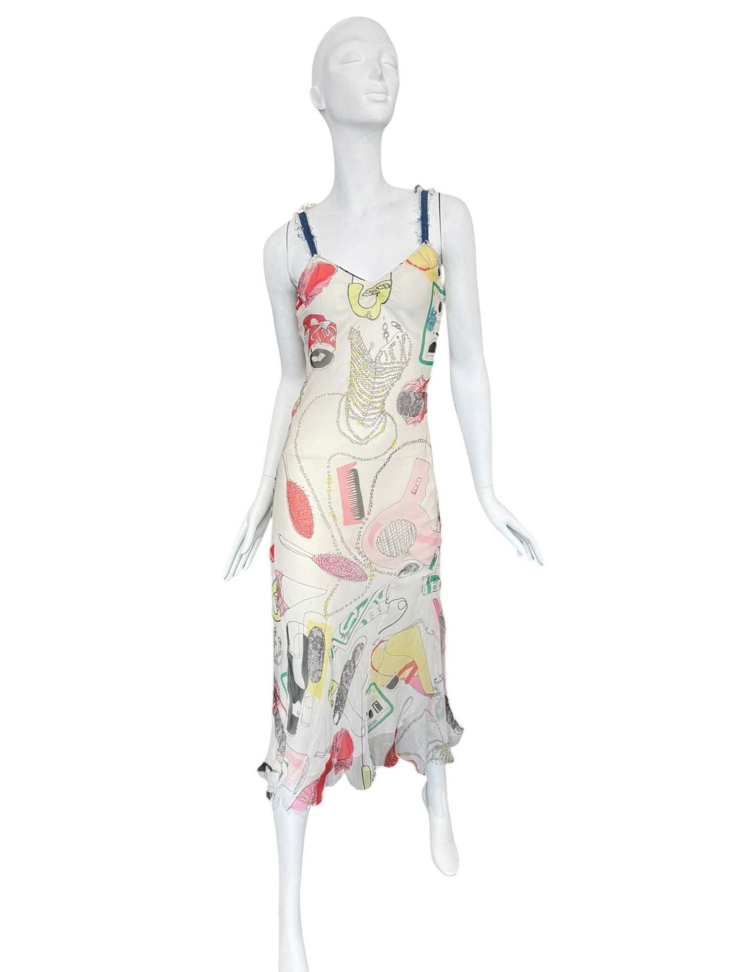 DIOR SS2001 BY JOHN GALLIANO OFF-WHITE SILK KITSCH PRINT MAXI DRESS
