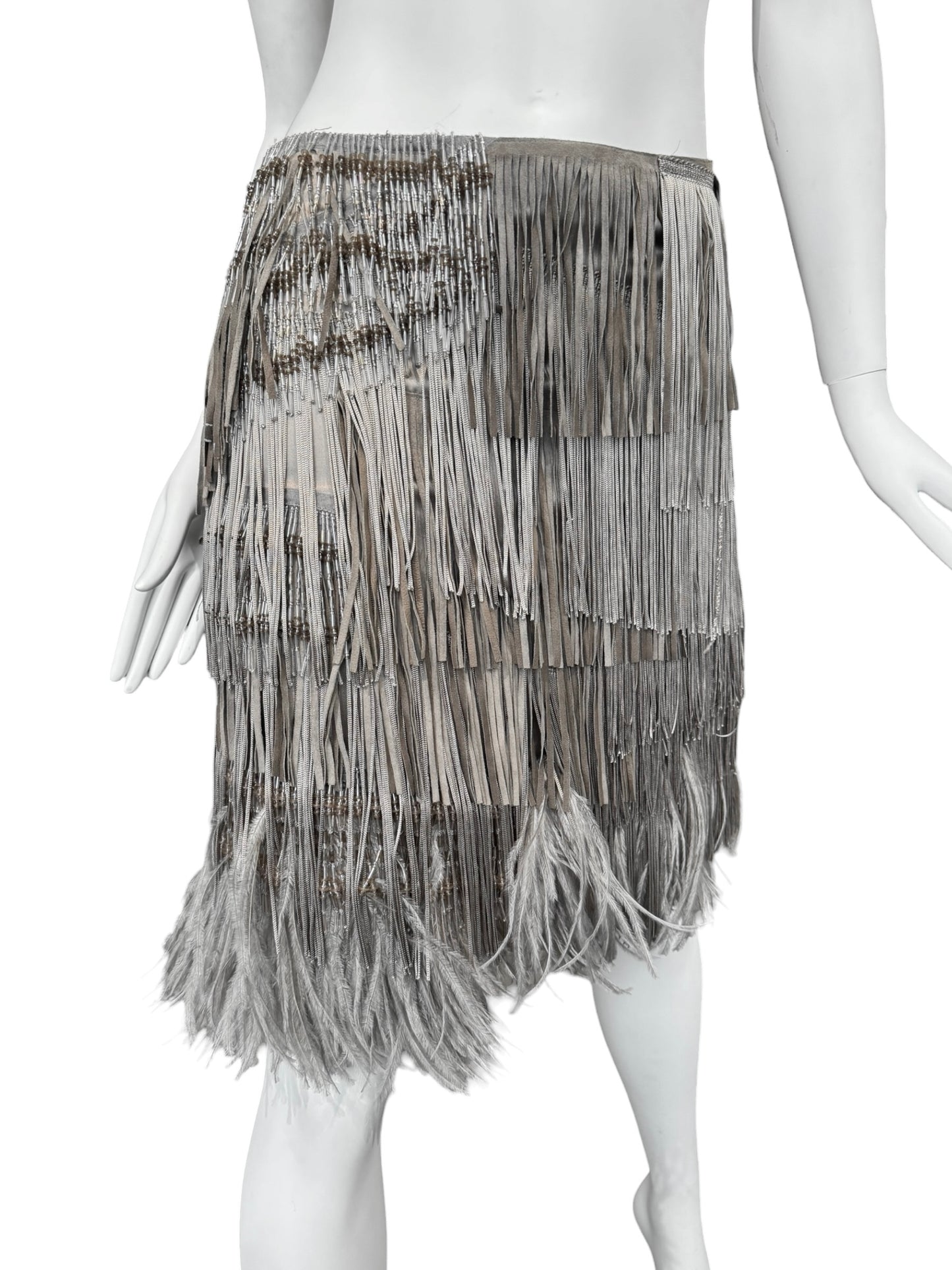 ALESSANDRO DELL’ACQUA SS2009 GREY SILK, OSTRICH FEATHERS & PEARLS FRINGES MIDI SKIRT