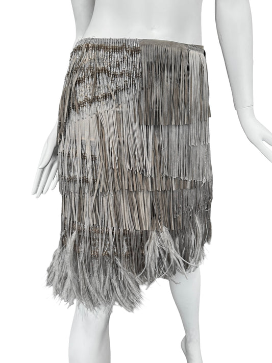 ALESSANDRO DELL’AQUA SS2009 GREY SILK, OSTRICH FEATHERS & PEARLS FRINGES MIDI SKIRT
