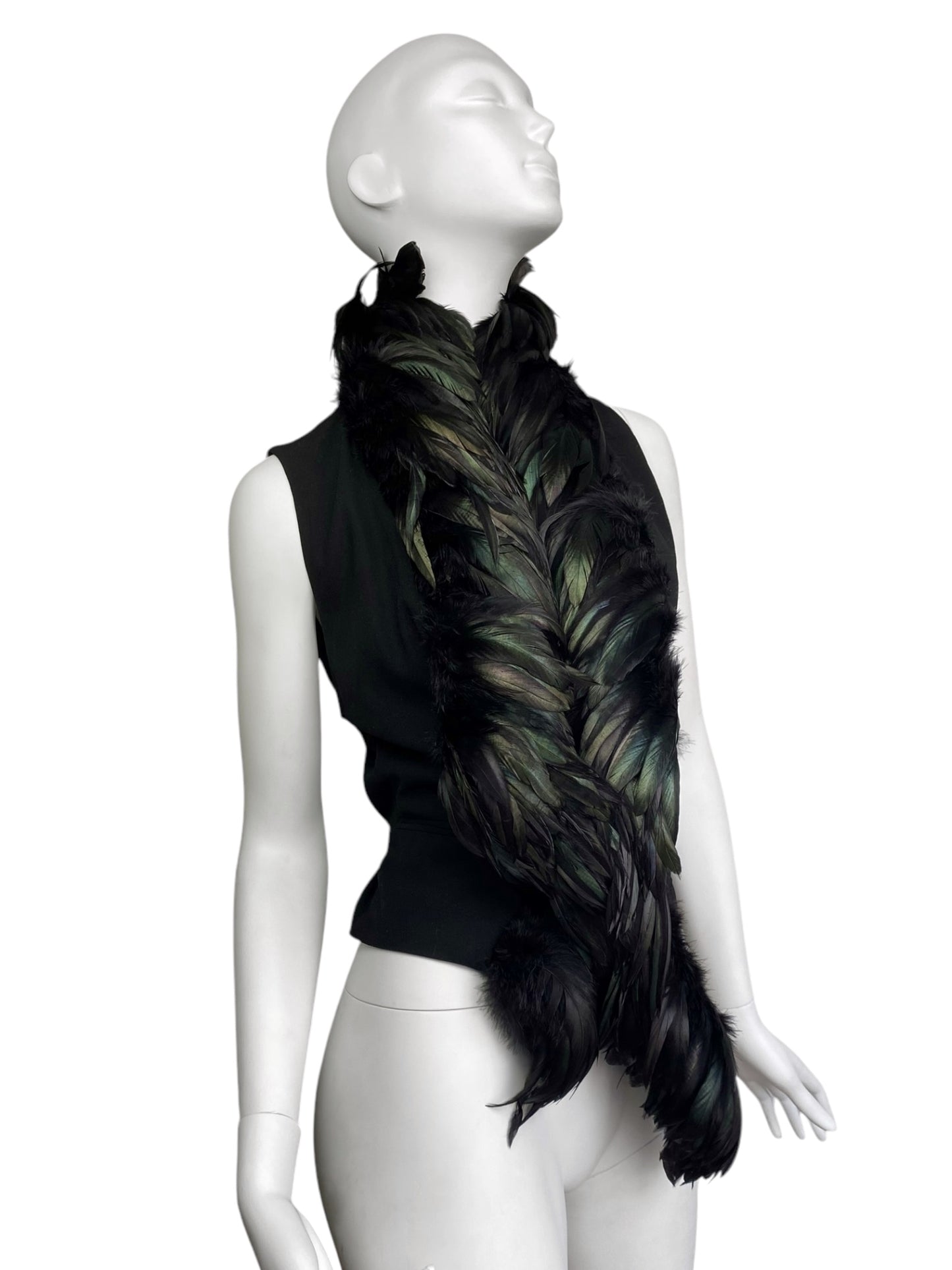 ANN DEMEULEMEESTER FW2010 GREEN FEATHERS BLACK WAISTCOAT