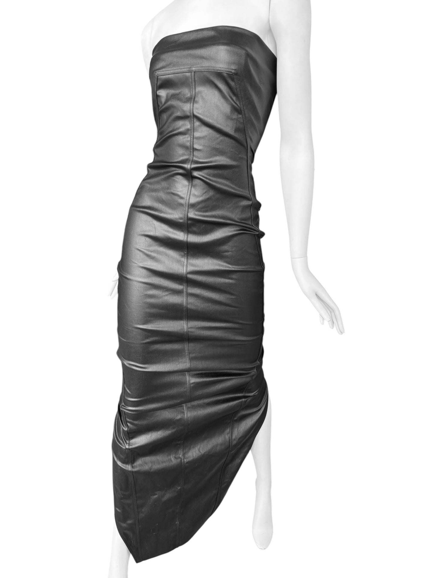 RICK OWENS SS2024 «LIDO» BLACK COATED DENIM BUSTIER MAXI DRESS