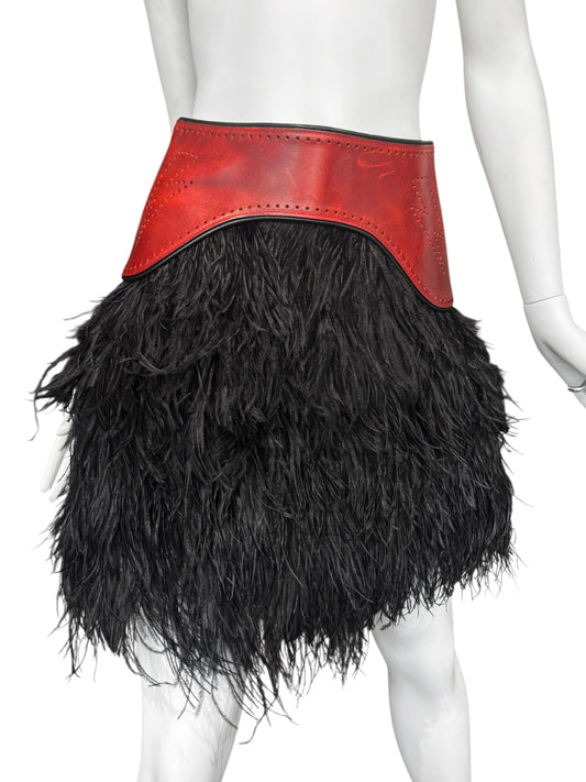 DSQUARED2 FW2008 RED LEATHER & BLACK OSTRICH FEATHERS SKIRT