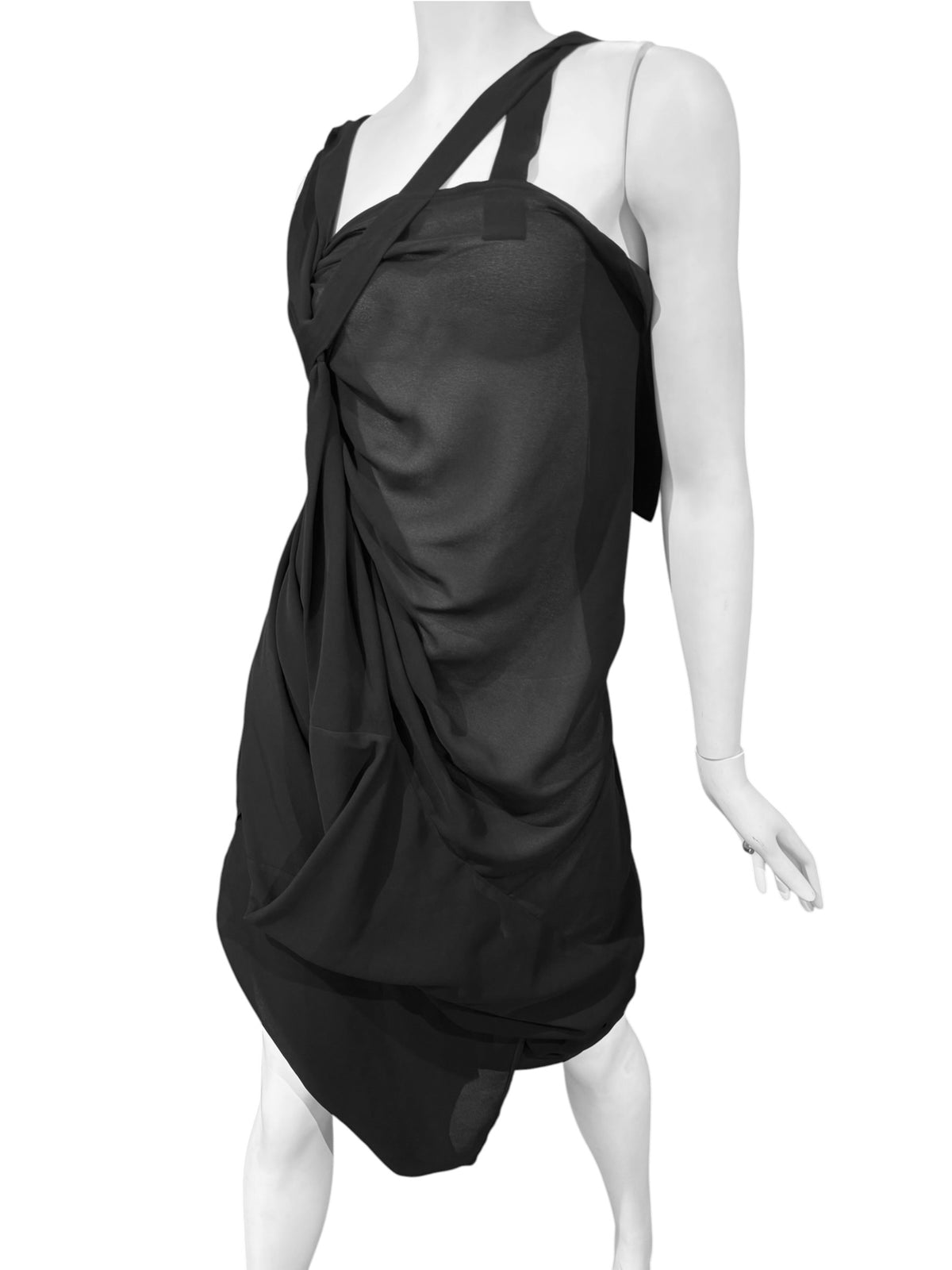 JUNYA WATANABE FW2009 BLACK SHEER ASYMMETRICAL DRAPED MIDI DRESS