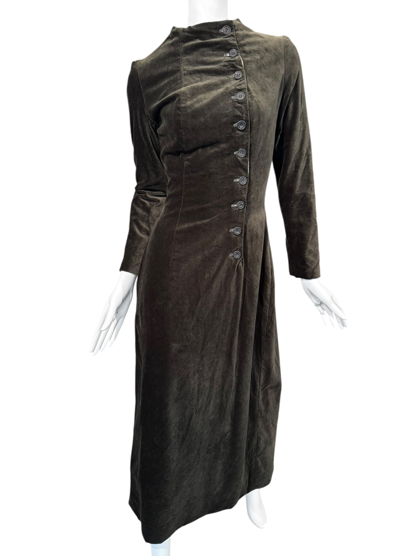 PAUL HARNDEN SHOEMAKERS 2000s DARK OLIVE VELVET MAXI ASYMMETRIC BUTTON MAXI DRESS