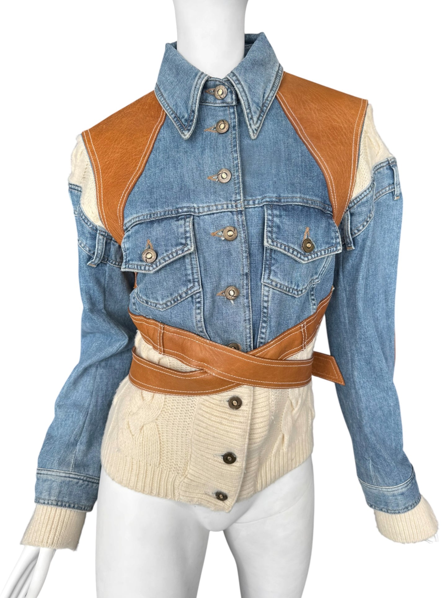 ALEXANDER MCQUEEN SS2004 ‘DELIVERANCE’ BLUE DENIM, BROWN LEATHER & CREAM KNIT PATCHWORK JACKET
