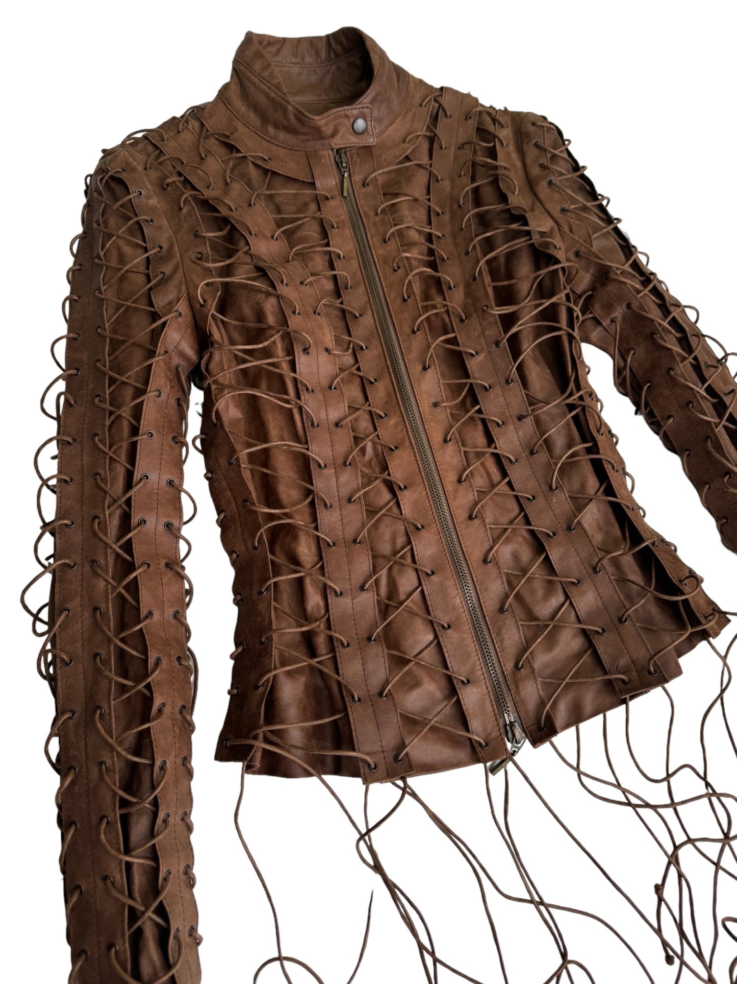 PLEIN SUD FW2002 BROWN LEATHER LACED-UP CAGE JACKET