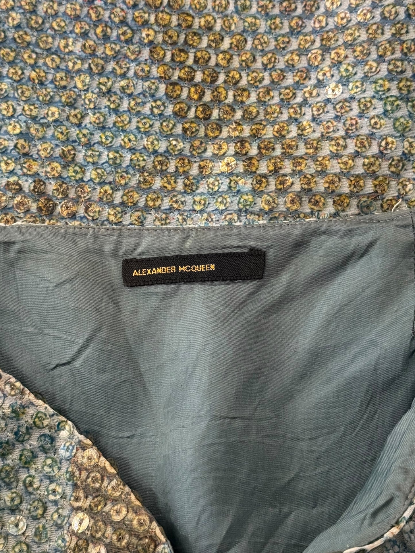 ALEXANDER MCQUEEN SS1997 «LA POUPÉE» BLUE SEQUINS DOLPHIN PRINT BUMSTER MIDI SKIRT