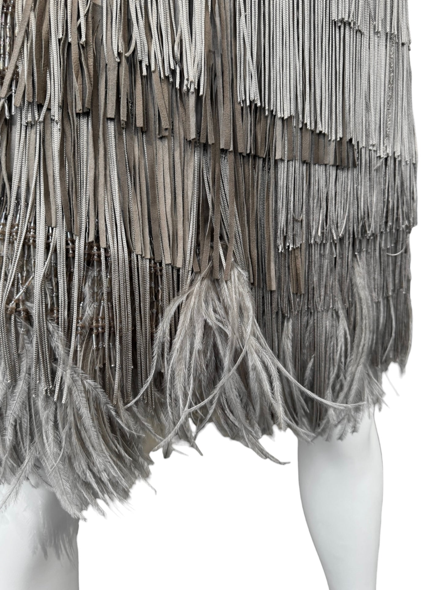 ALESSANDRO DELL’ACQUA SS2009 GREY SILK, OSTRICH FEATHERS & PEARLS FRINGES MIDI SKIRT