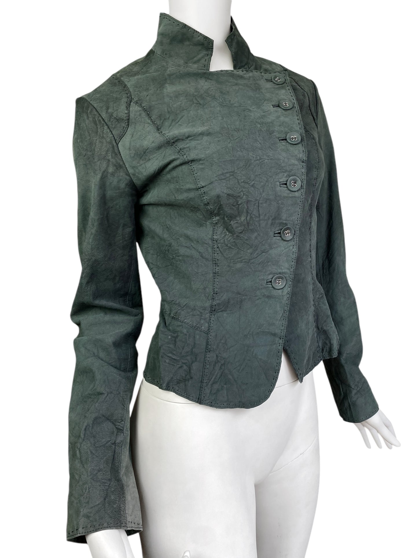 2000s GREYISH GREEN DISTRESS LEATHER CREASED ASYMMETRICAL JACKET