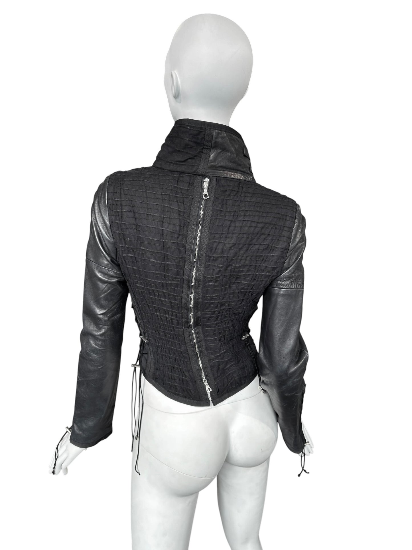 JITROIS 2000S BLACK LEATHER & MESH LACE-UP JACKET