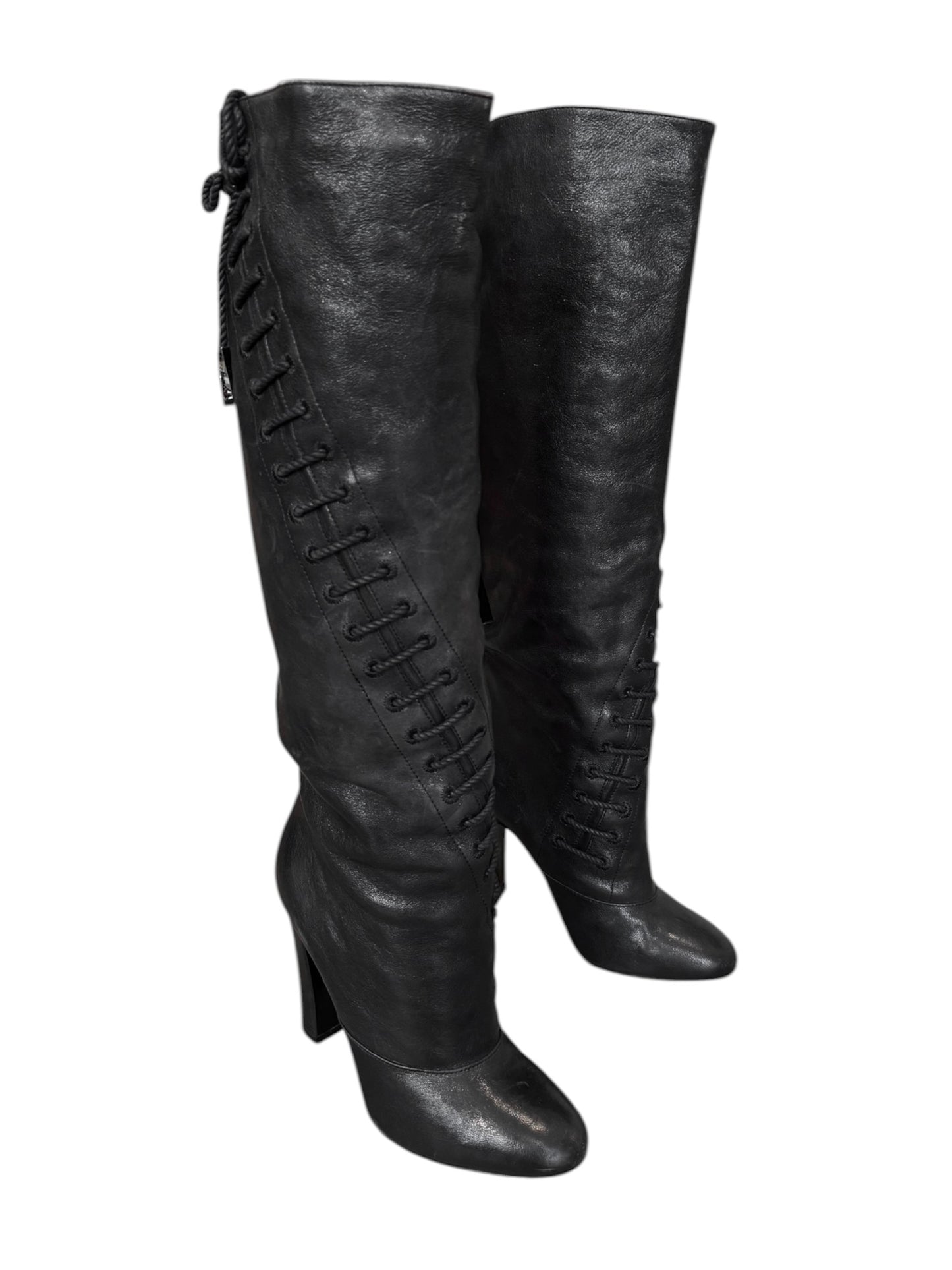 NINA RICCI FW2007 BY OLIVIER THEYSKENS BLACK LEATHER LACE-UP BOOTS