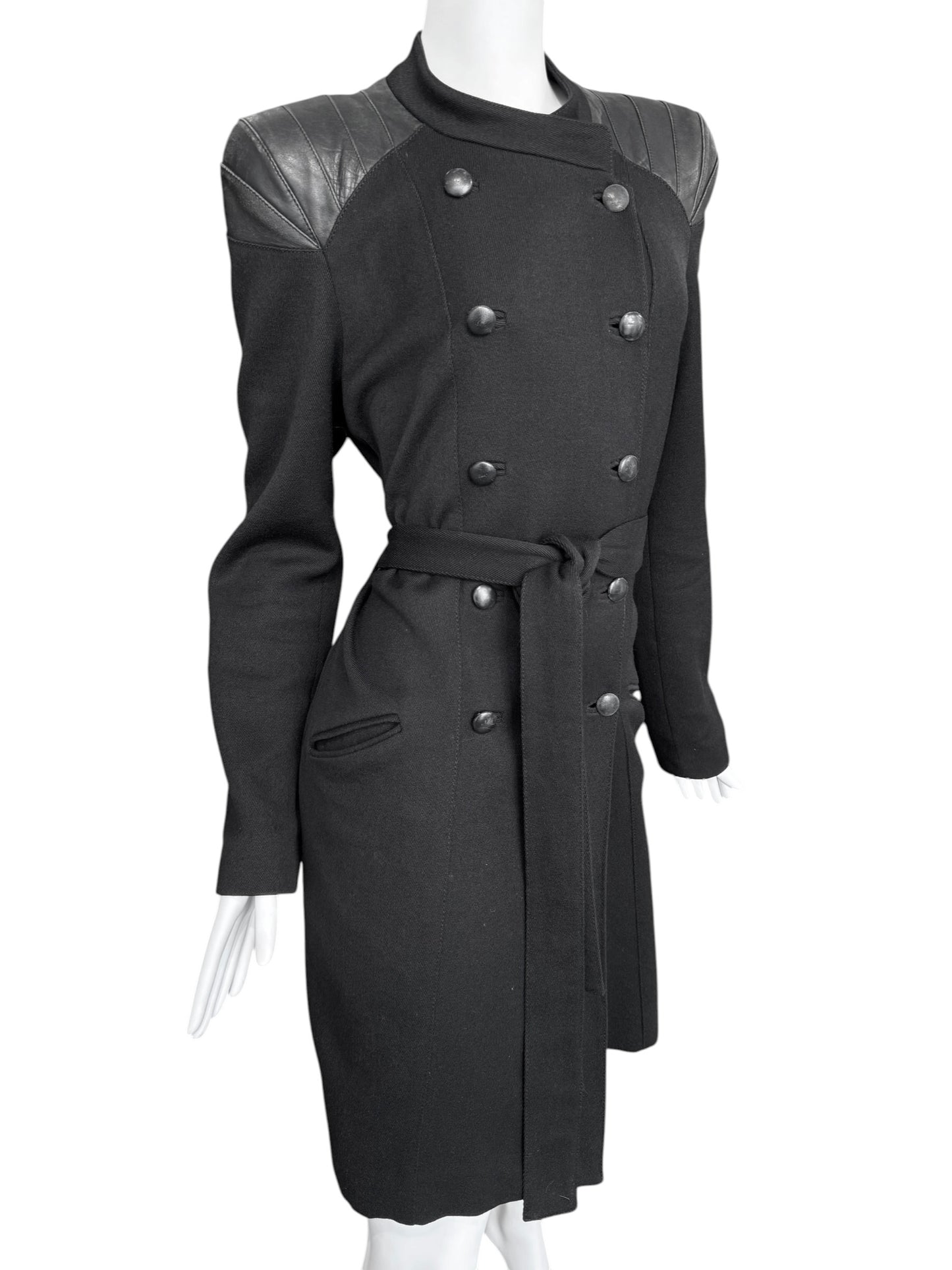 KAVIAR GAUCHE 2010s BLACK WOOK & LEATHER DOUBLE BREASTED COAT