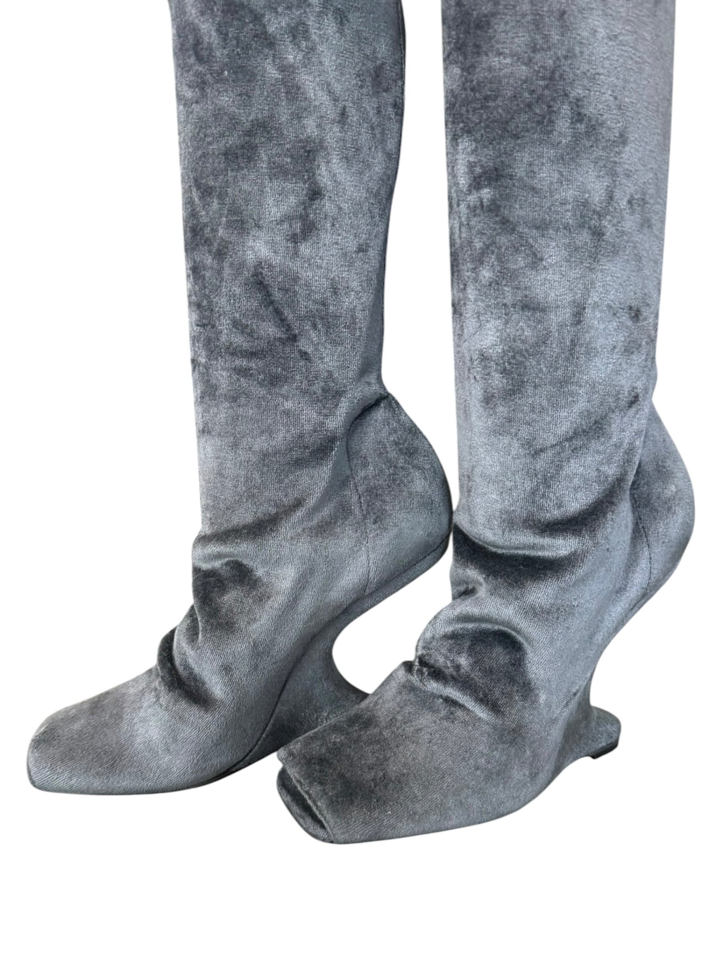RICK OWENS 2020S GREY VELVET CANTILEVER THIGH-HIGH BOOTS