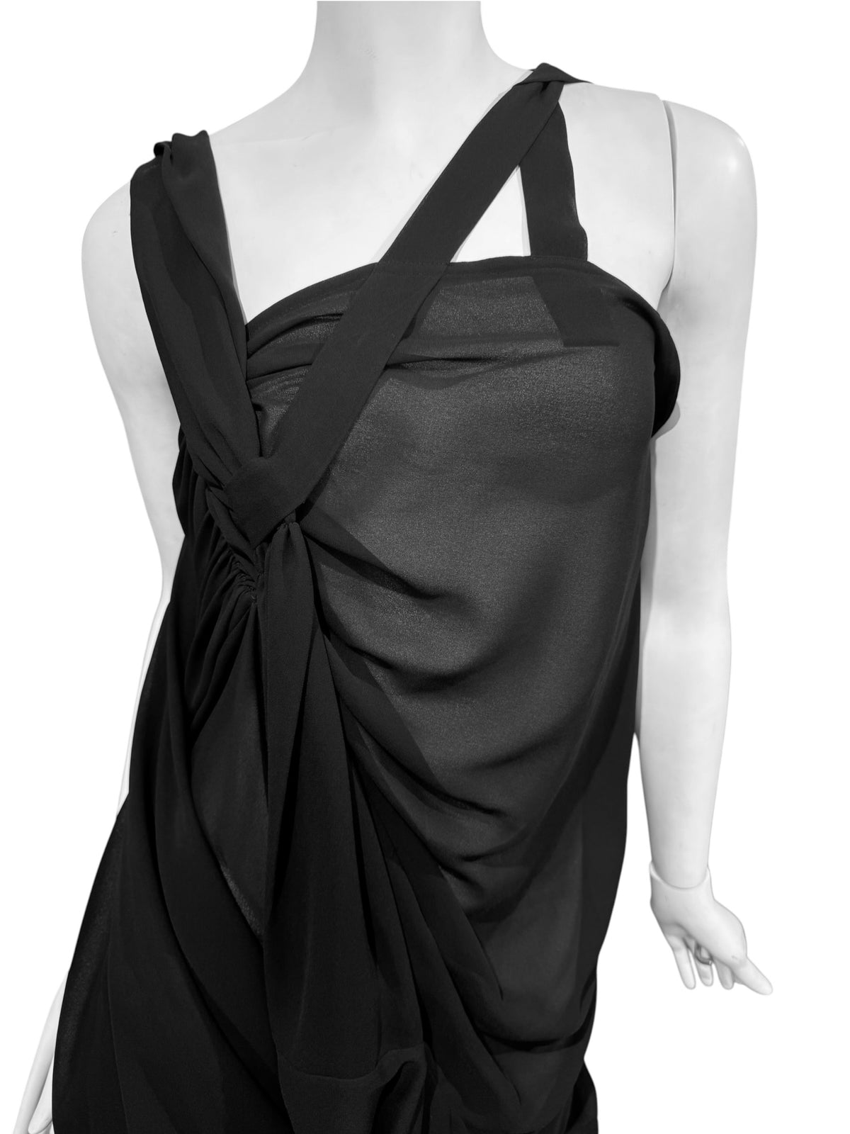 JUNYA WATANABE FW2009 BLACK SHEER ASYMMETRICAL DRAPED MIDI DRESS