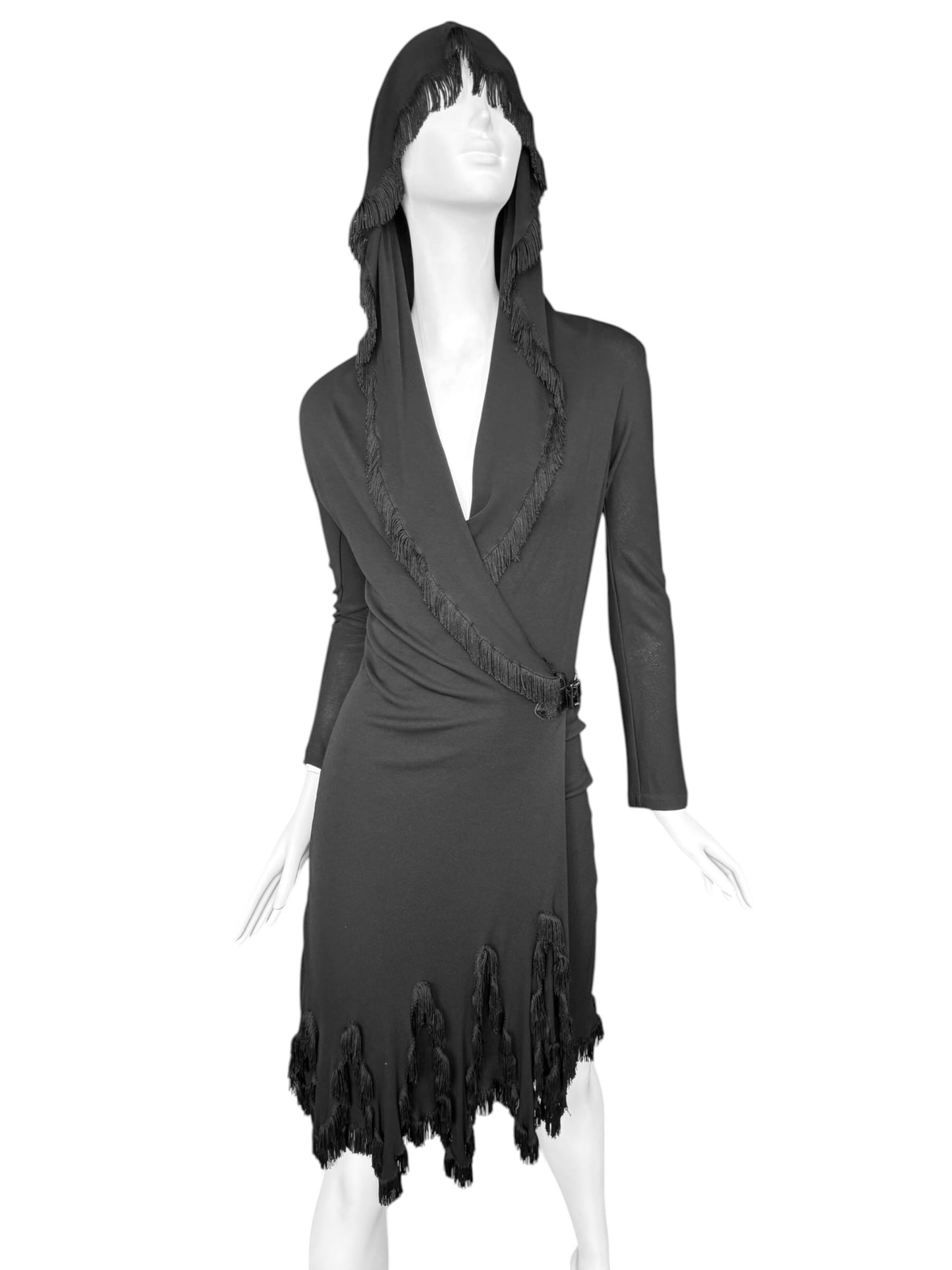 JEAN PAUL GAULTIER 2000s BLACK FRINGES HOODED MIDI DRESS