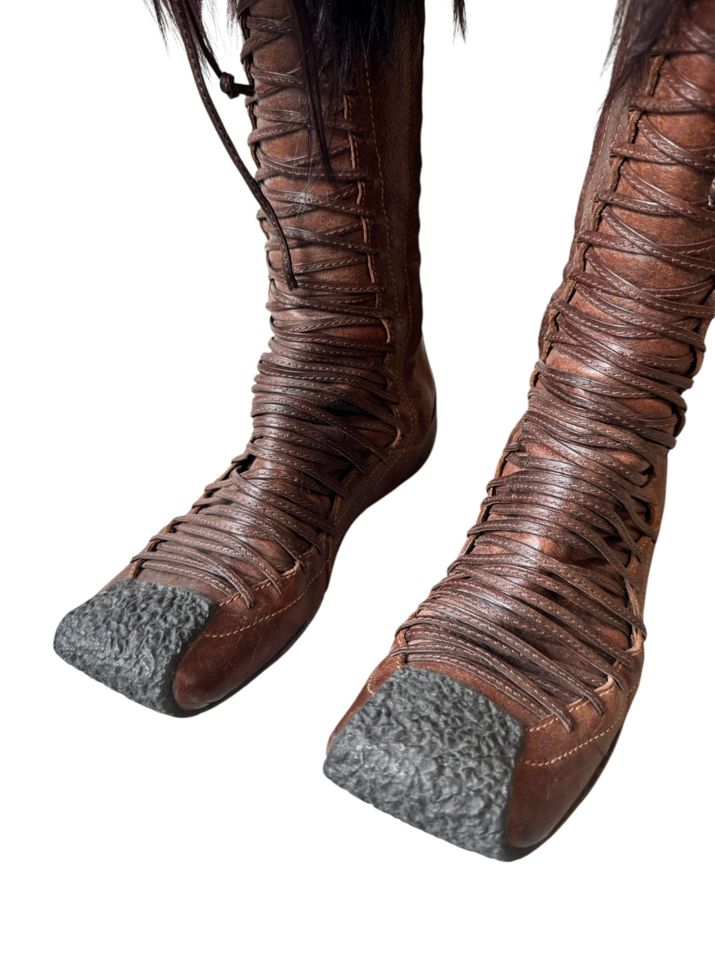 DIOR FW2002 BY GALLIANO BROWN LEATHER & FUR LACE-UP BOOTS