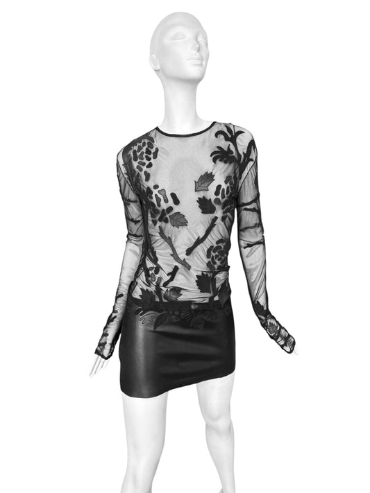 JITROIS 2012 BLACK MESH & LEATHER APPLIQUÉ SHEER MINI DRESS