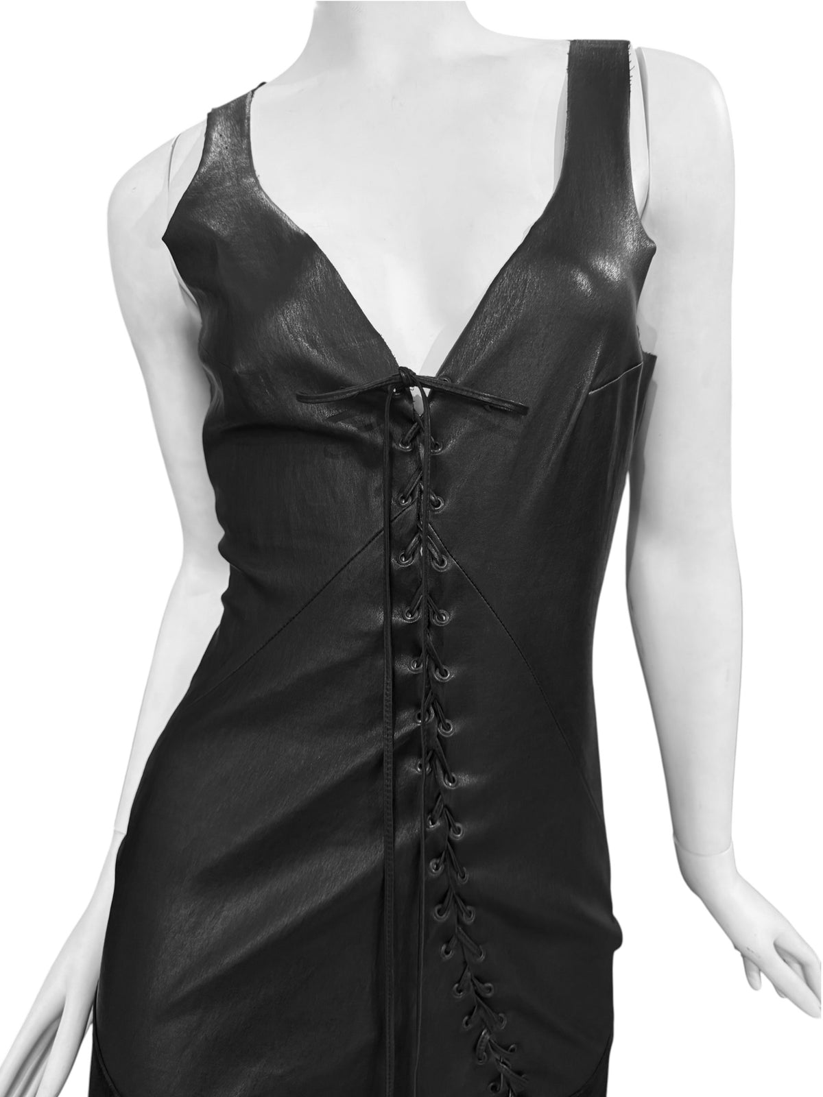 JITROIS 2000s BLACK LEATHER LACE-UP MIDI DRESS