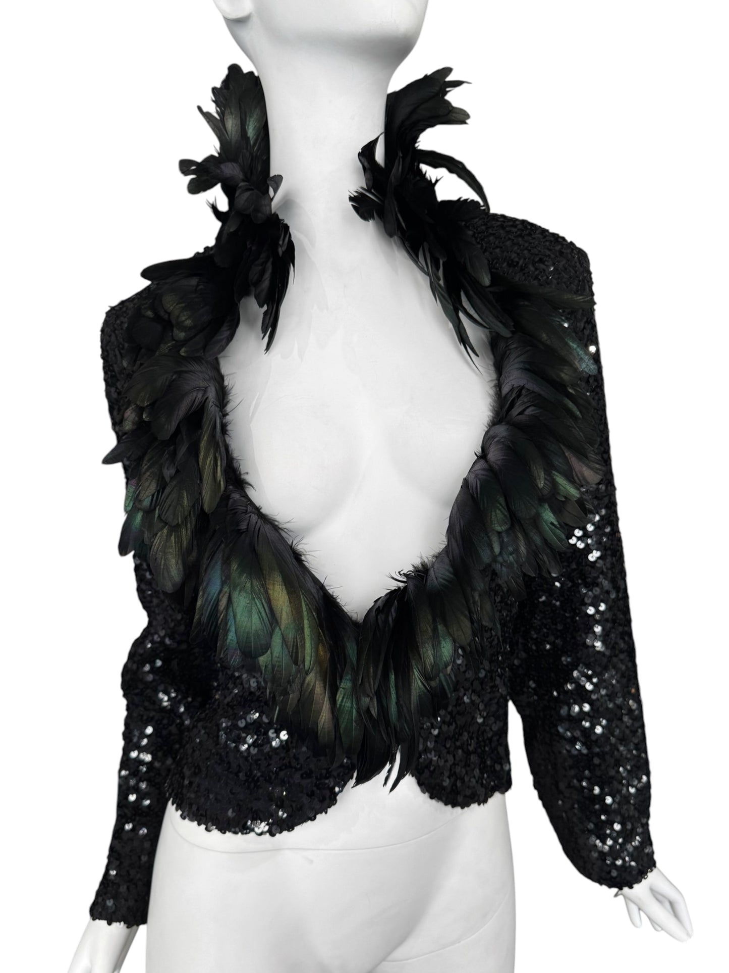 JEAN VARON 1960s BLACK SEQUINS & ROOSTER FEATHERS COLLAR JACKET