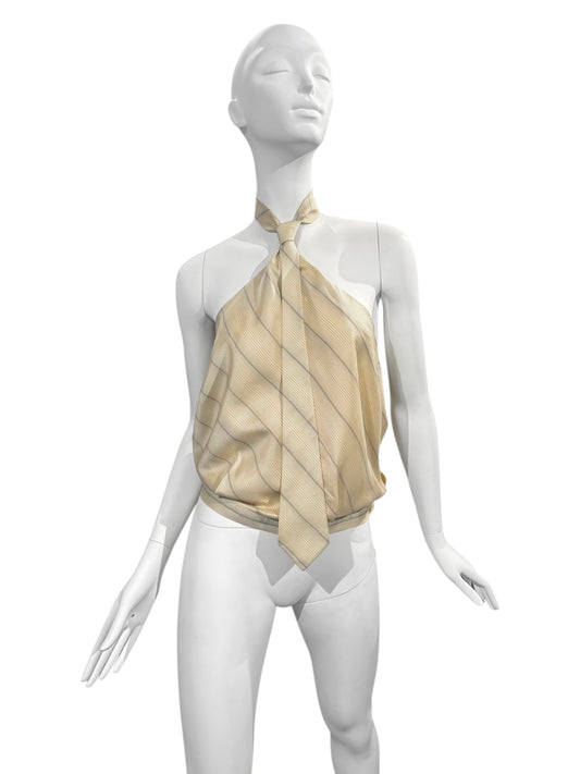 ALEXANDER MCQUEEN SS2001 «VOSS» BEIGE SILK STRIPED HALTER TIE TOP