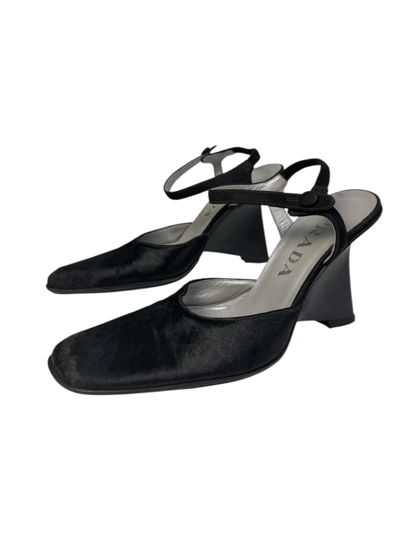 PRADA FW1998 BLACK PONY HAIR WEDGE HEELS