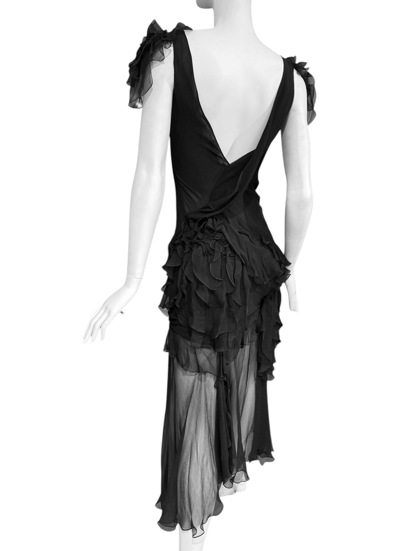 JOHN GALLIANO FW2004 BLACK SILK RUFFLES MAXI DRESS