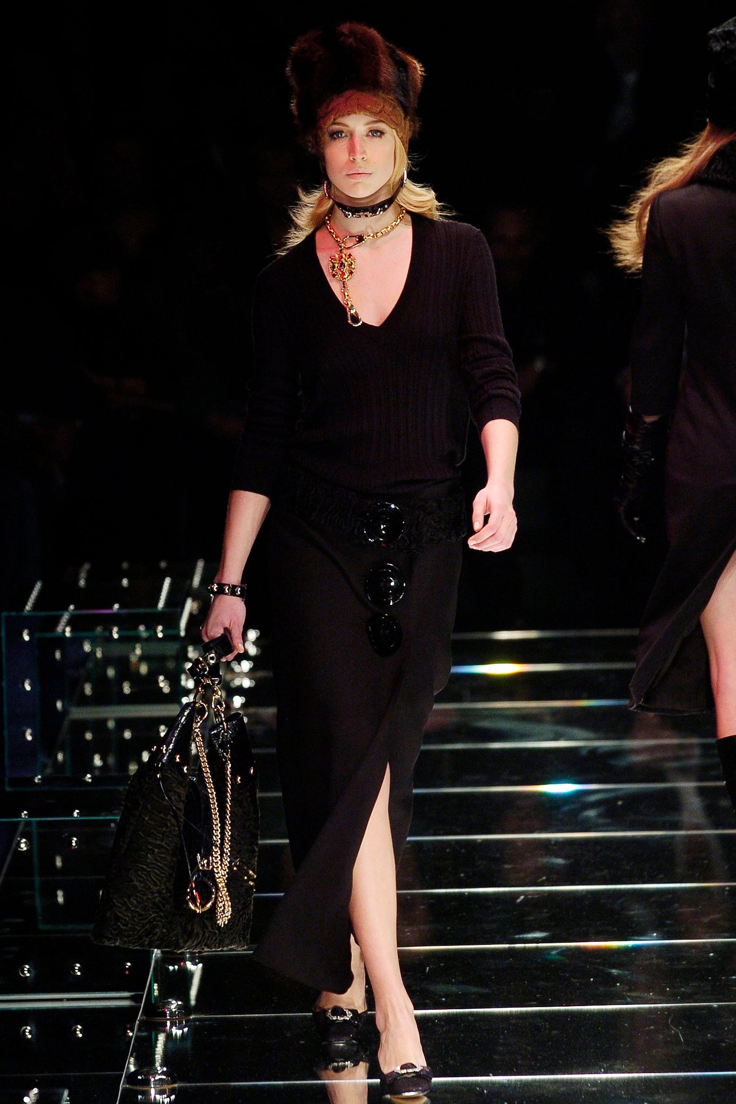 DOLCE & GABBANA FW2005 BLACK WOOL ASTRAKAN FUR TRIM BUTTONS SKIRT SUIT