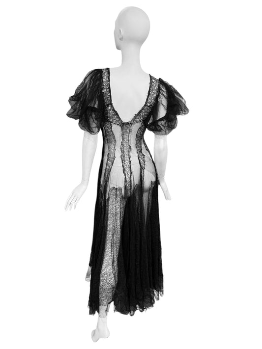 1930s BLACK SHEER LACE ROMANTIC MAXI DRESS