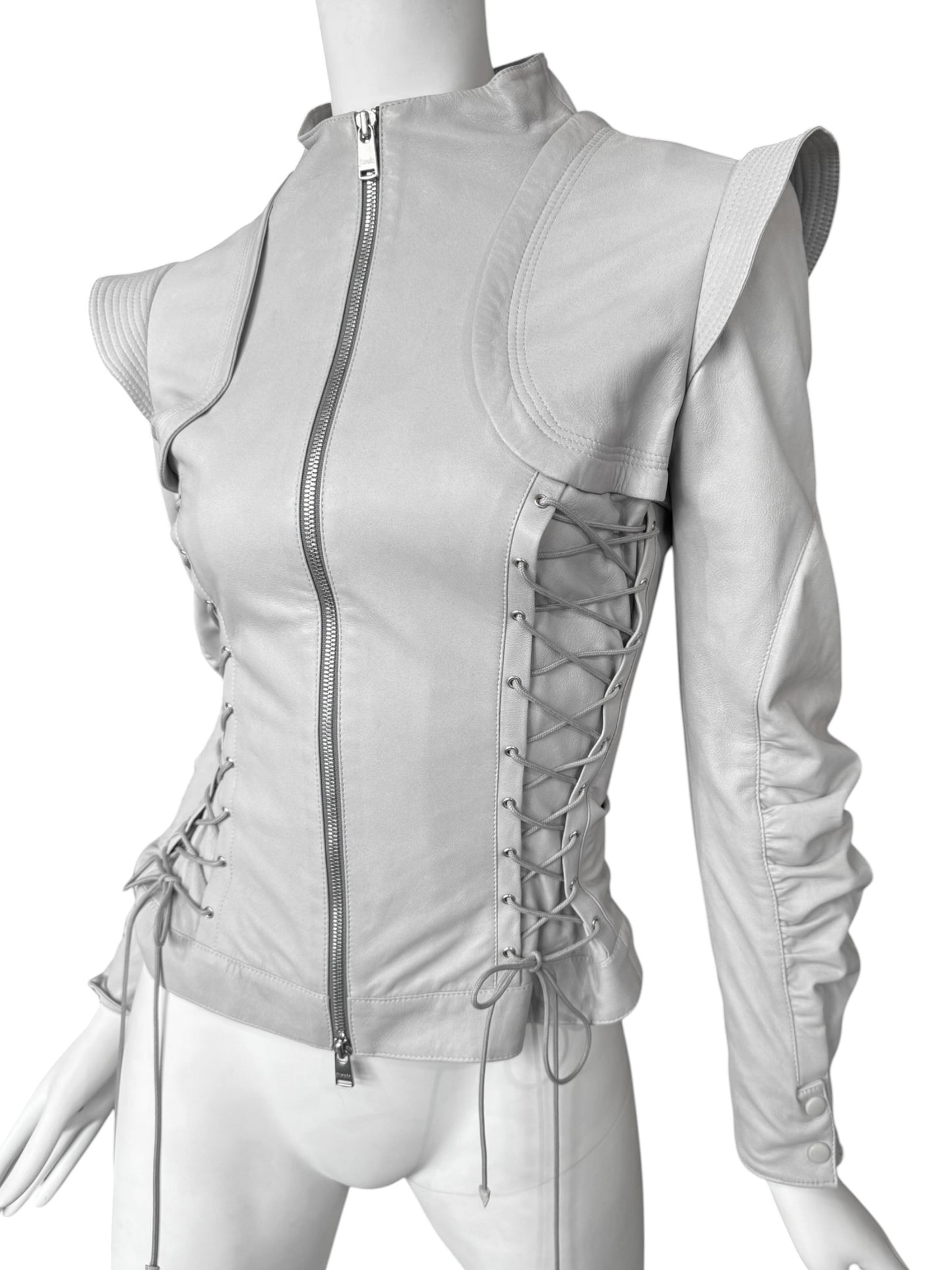 JITROIS 2000s GREY LEATHER LACE-UP JACKET