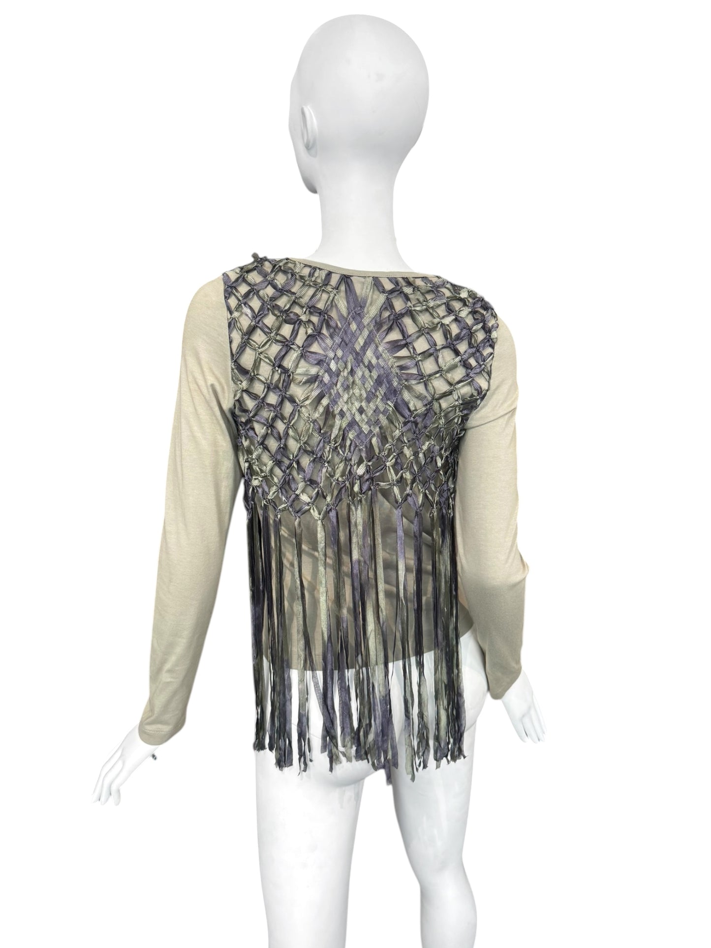 DIOR SS2003 BY JOHN GALLIANO KAKI COTTON & SILK KNOTTED FRINGE CARDIGAN