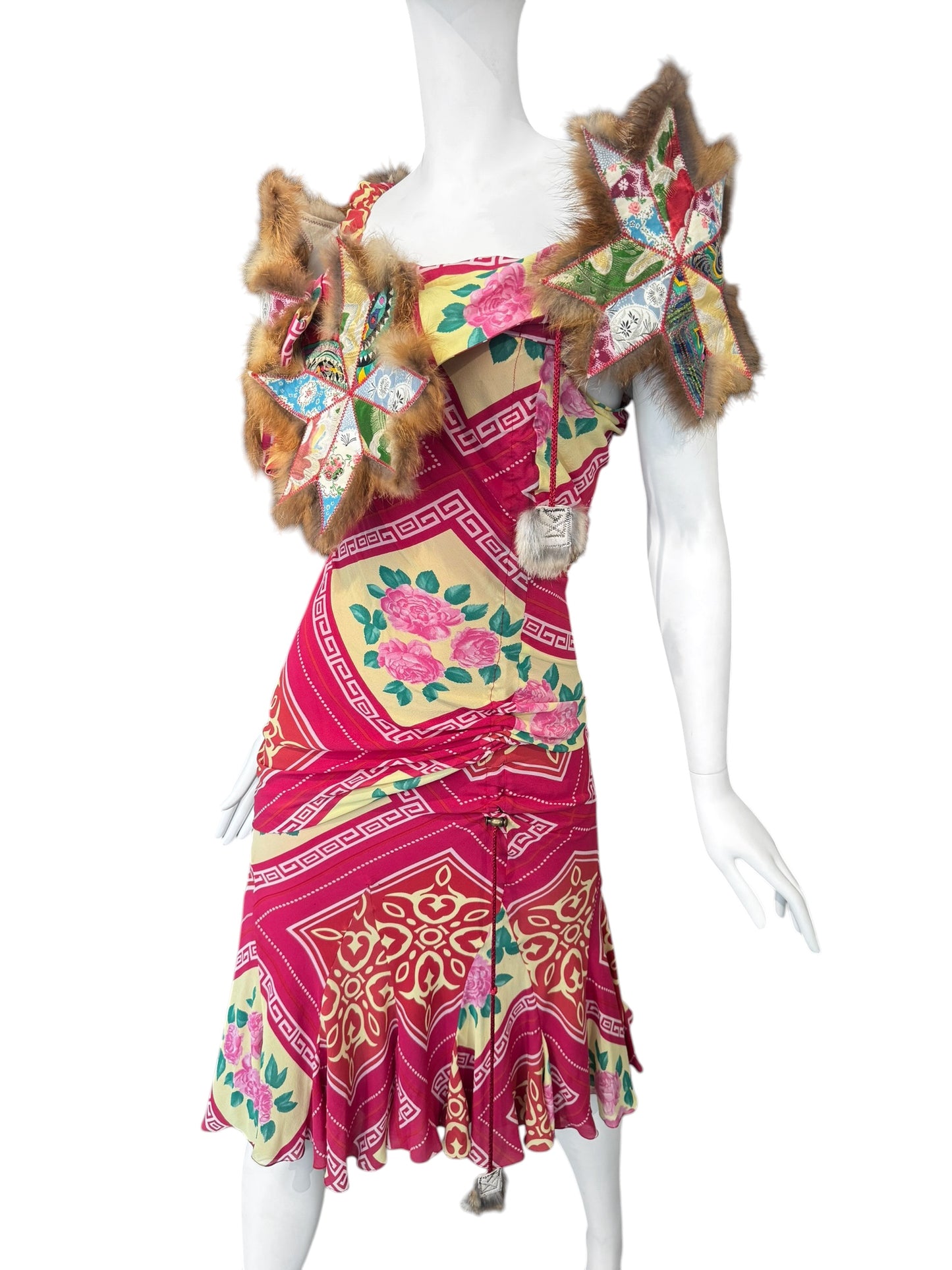 JOHN GALLIANO FW2002 PINK SILK & FUR FOLKLORIC FLORAL PRINT MIDI DRESS