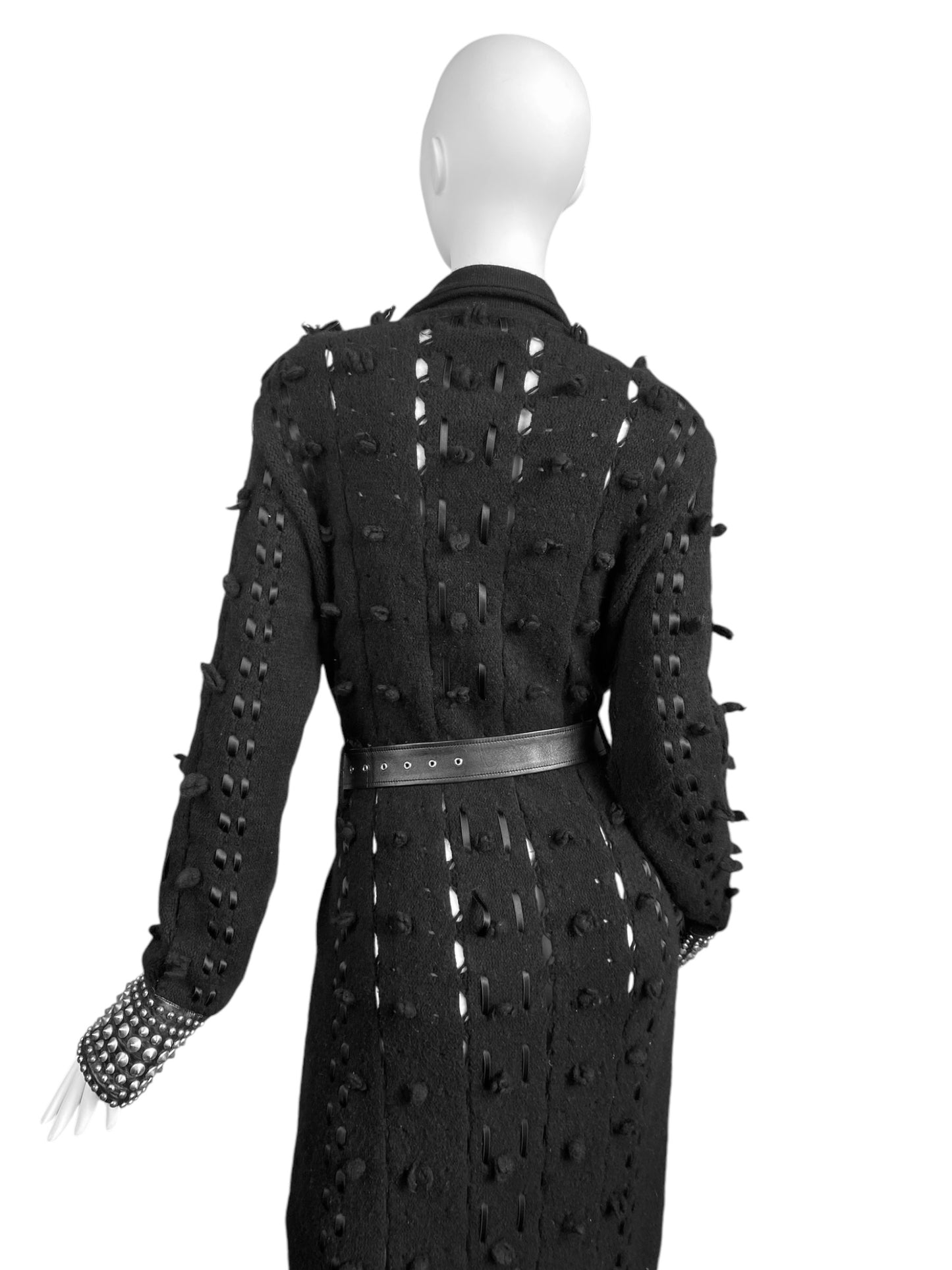 DIOR FW2004 BY GALLIANO BLACK WOOL LACED STUDDED MAXI COAT