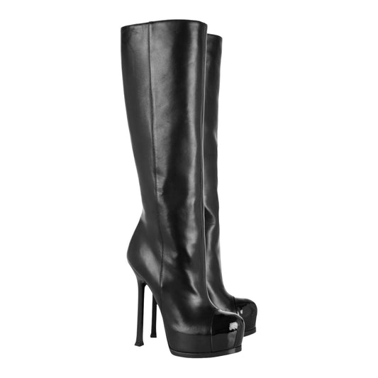 SAINT LAURENT FW2008 BY STEFANO PILATI BLACK LEATHER TRIBTOO TOE-CAP BOOTS